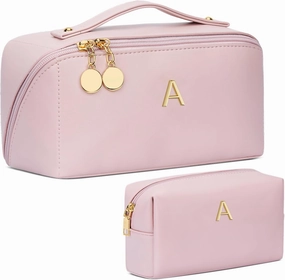 Birthday Gifts for Women Teen Girl, Personalized Initial Makeup Organizer Bag Set, Open Flat Travel Cosmetic Bag With Clear Divider and Handle(Pink,A)