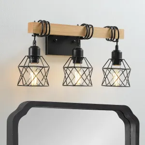 Black 3 Light Bathroom Light Over Mirror,Farmhouse Vanity Lighting Fixture,Rustic Wall Light,Real Wood,Metal Cage Lampshade