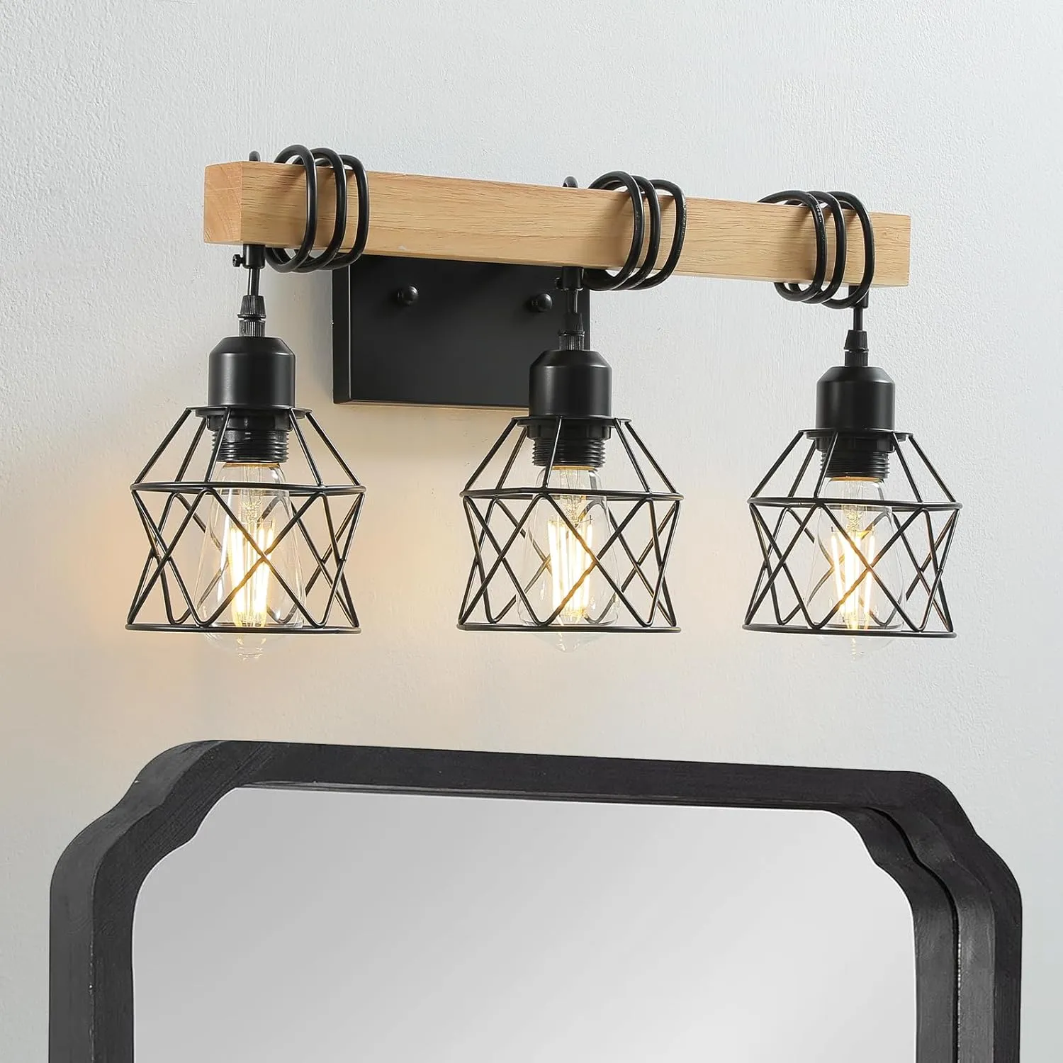 Black 3 Light Bathroom Light Over Mirror,Farmhouse Vanity Lighting Fixture,Rustic Wall Light,Real Wood,Metal Cage Lampshade