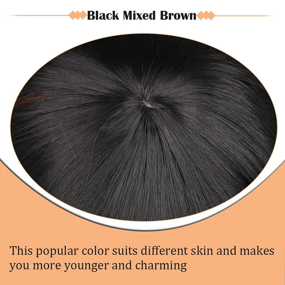 Black Mixed Brown 14 Inch Short Wavy Curly Hair Wigs with Bangs - Shoulder Length Synthetic Heat Resistant Wigs for Black Women
