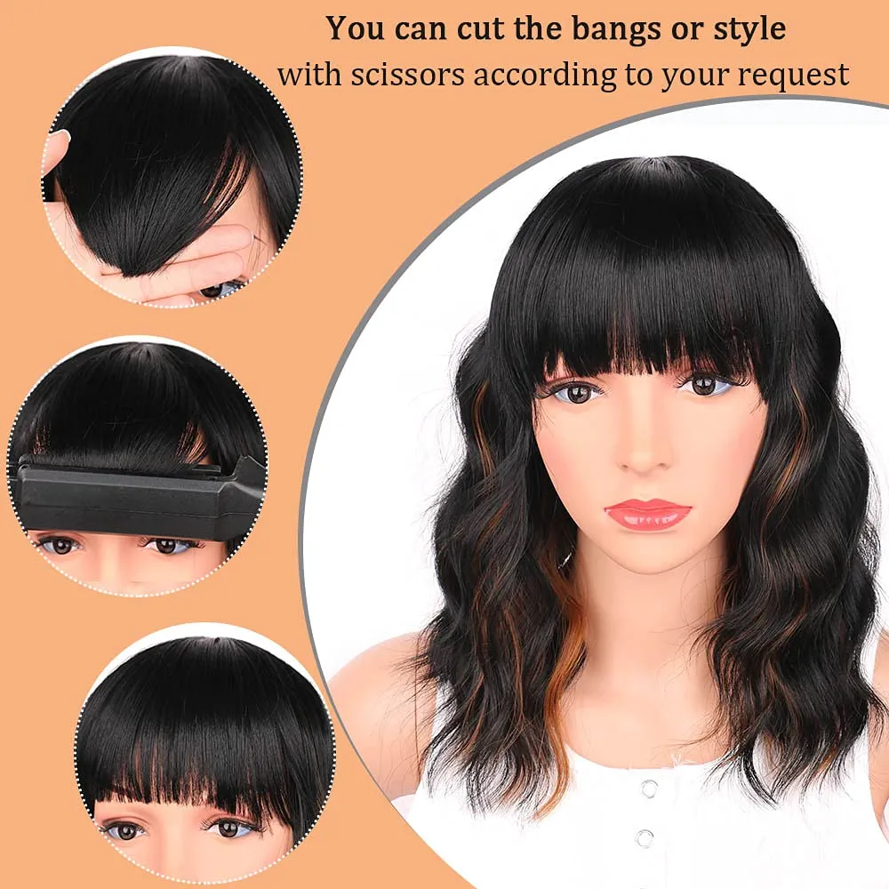 Black Mixed Brown 14 Inch Short Wavy Curly Hair Wigs with Bangs - Shoulder Length Synthetic Heat Resistant Wigs for Black Women