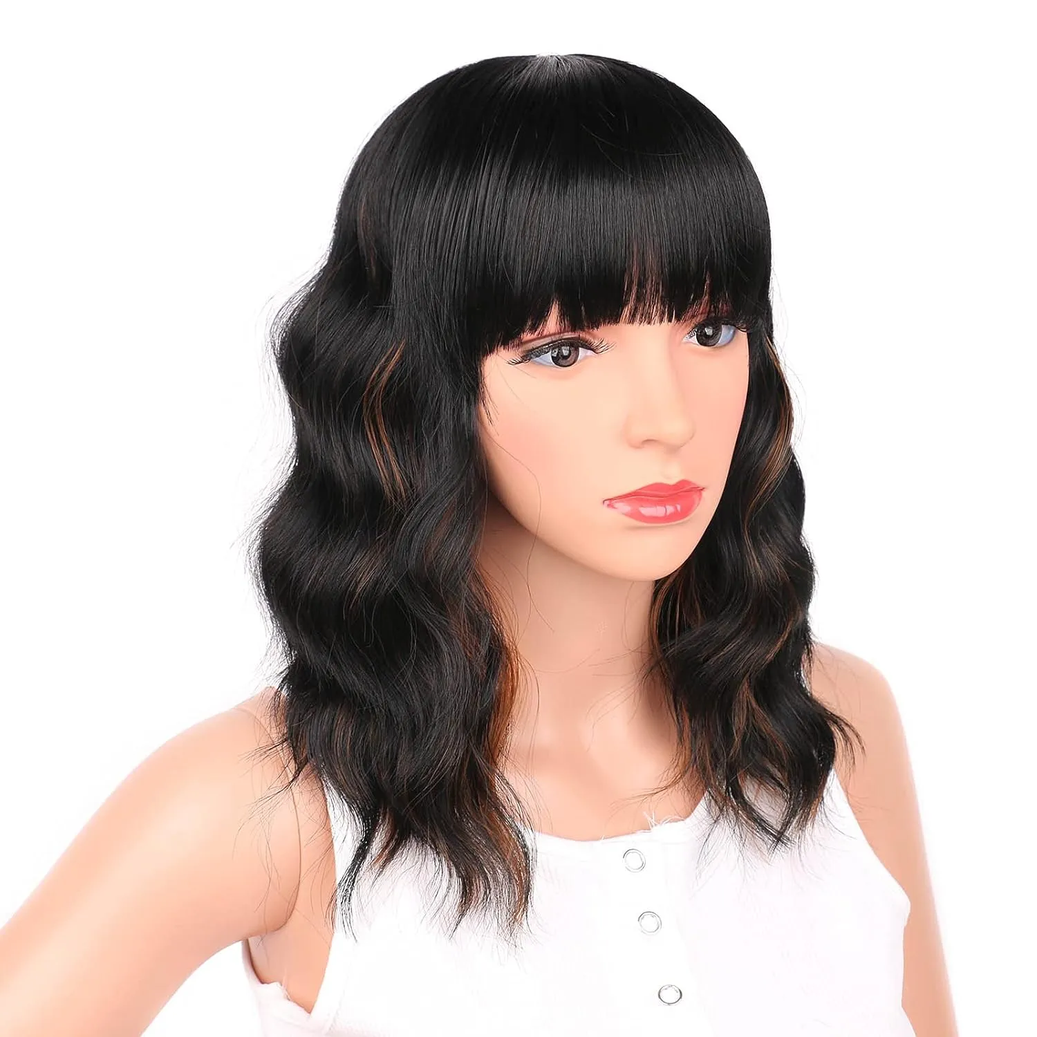 Black Mixed Brown 14 Inch Short Wavy Curly Hair Wigs with Bangs - Shoulder Length Synthetic Heat Resistant Wigs for Black Women