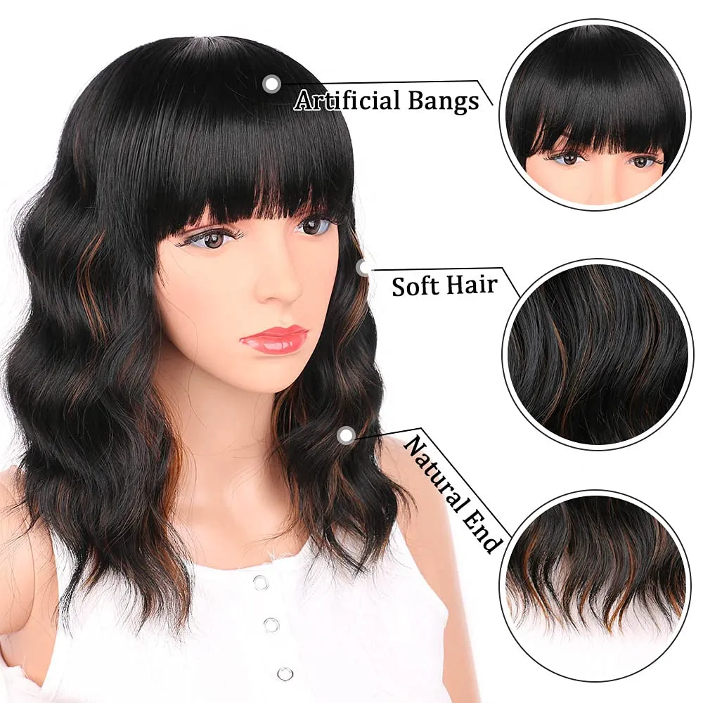 Black Mixed Brown 14 Inch Short Wavy Curly Hair Wigs with Bangs - Shoulder Length Synthetic Heat Resistant Wigs for Black Women