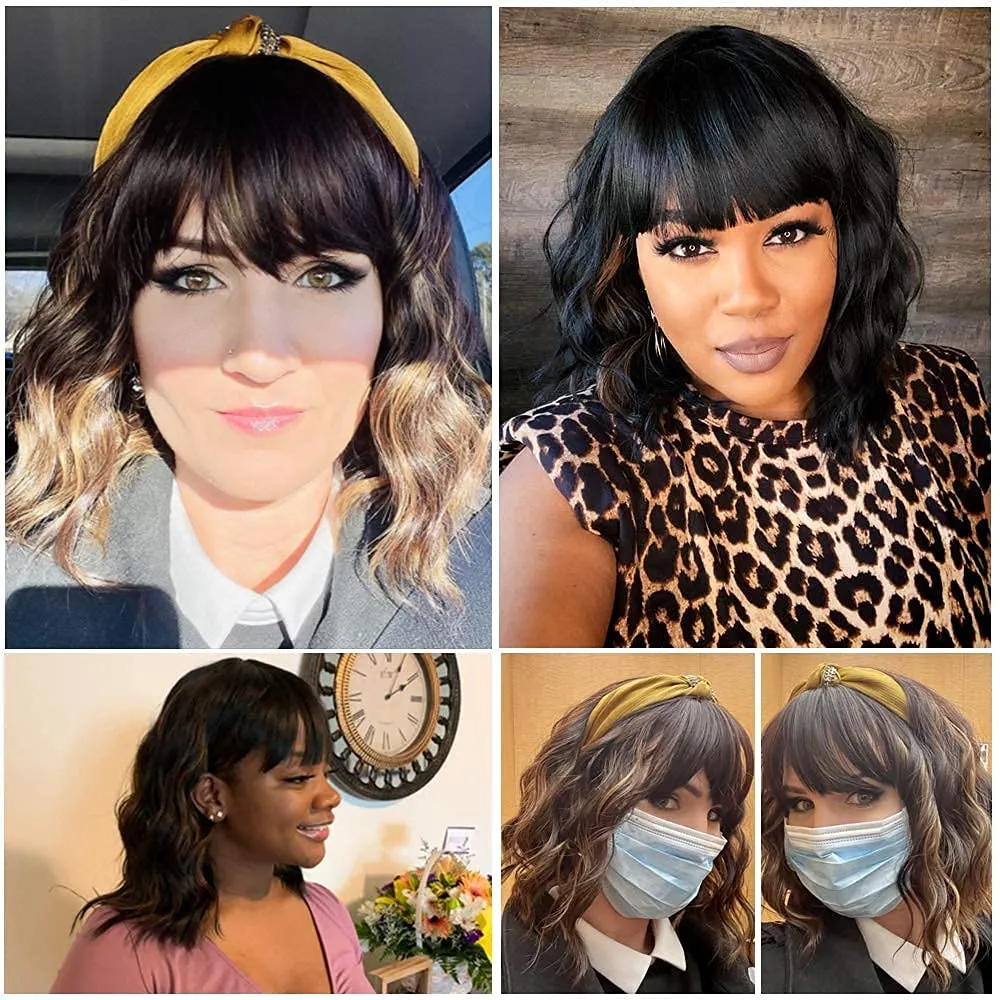 Black Mixed Brown 14 Inch Short Wavy Curly Hair Wigs with Bangs - Shoulder Length Synthetic Heat Resistant Wigs for Black Women