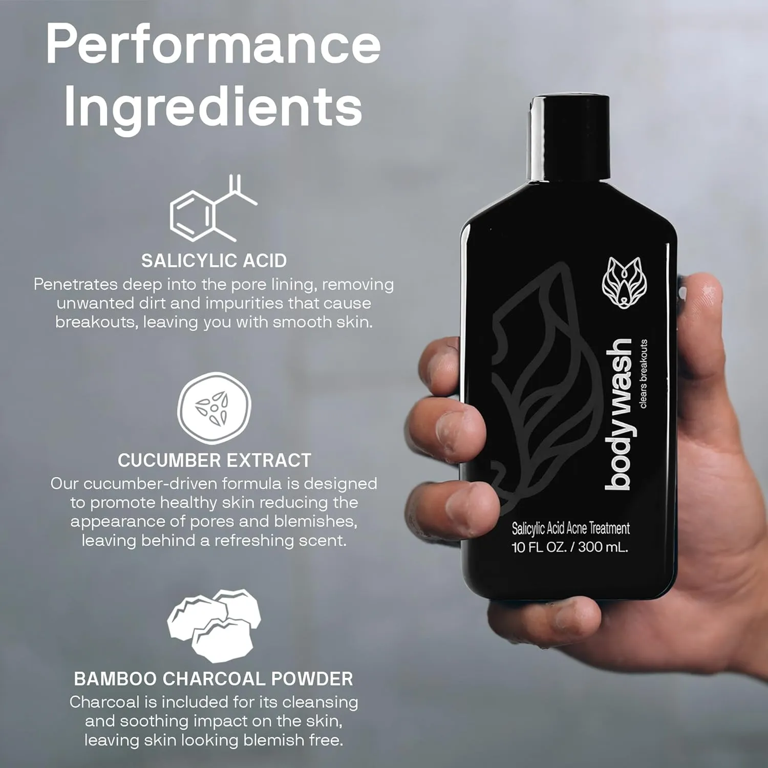 Black Wolf Charcoal Powder Body Wash Men - 10 Fl Oz Paraben-Free Mens Body Wash - Salicylic Acid Reduce Acne Breakouts and Cleanse Your Skin - Full Coverage & Deep Clean Men's Bodywash