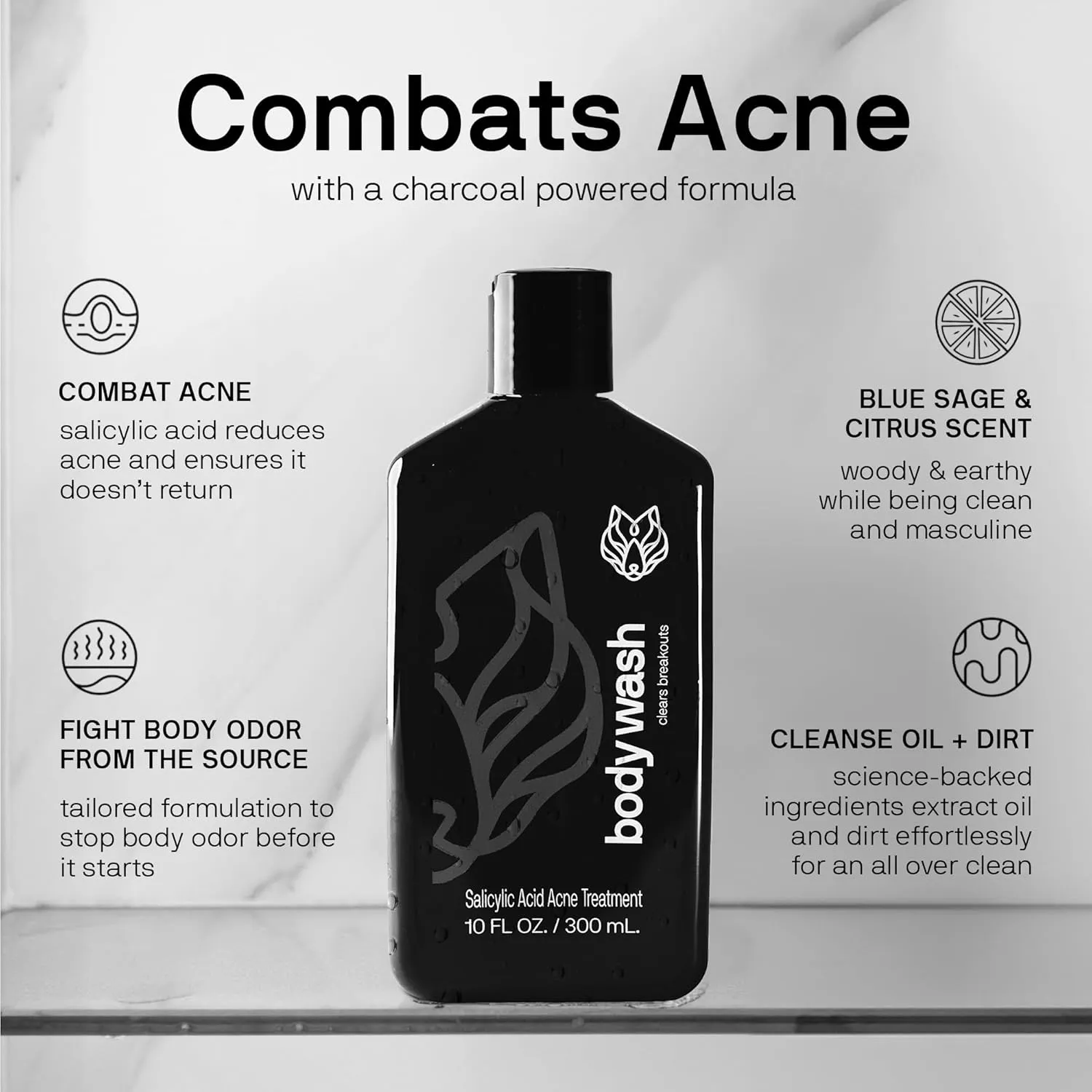 Black Wolf Charcoal Powder Body Wash Men - 10 Fl Oz Paraben-Free Mens Body Wash - Salicylic Acid Reduce Acne Breakouts and Cleanse Your Skin - Full Coverage & Deep Clean Men's Bodywash
