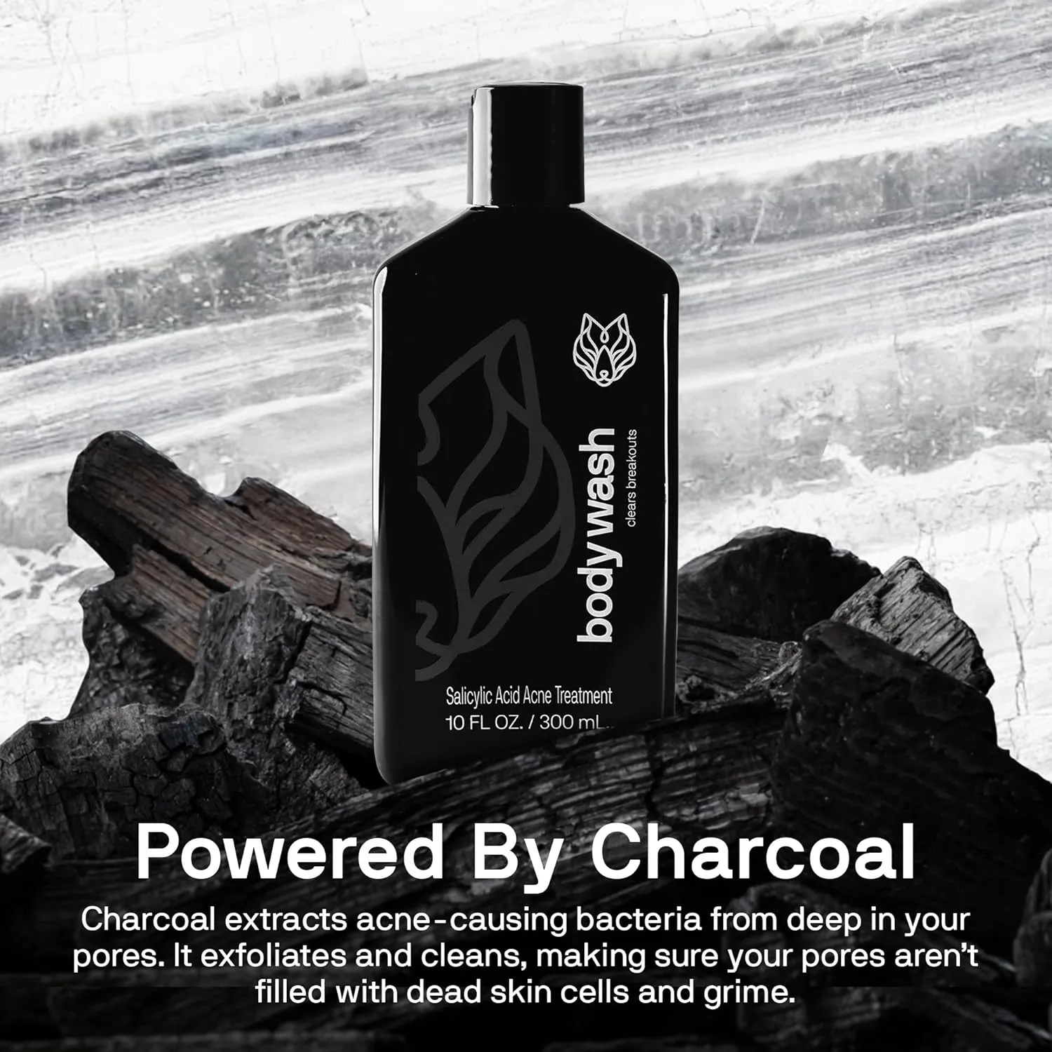 Black Wolf Charcoal Powder Body Wash Men - 10 Fl Oz Paraben-Free Mens Body Wash - Salicylic Acid Reduce Acne Breakouts and Cleanse Your Skin - Full Coverage & Deep Clean Men's Bodywash