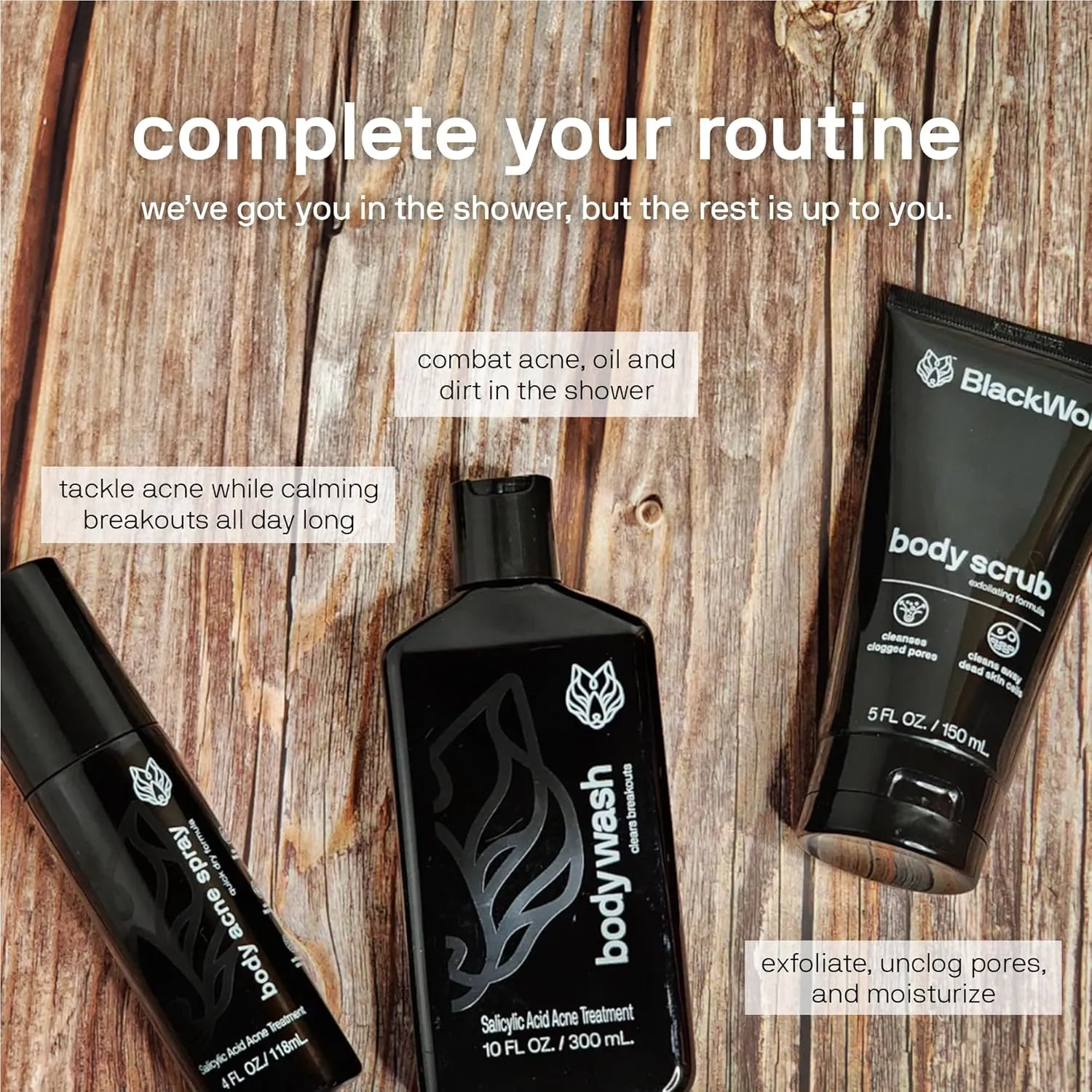 Black Wolf Charcoal Powder Body Wash Men - 10 Fl Oz Paraben-Free Mens Body Wash - Salicylic Acid Reduce Acne Breakouts and Cleanse Your Skin - Full Coverage & Deep Clean Men's Bodywash