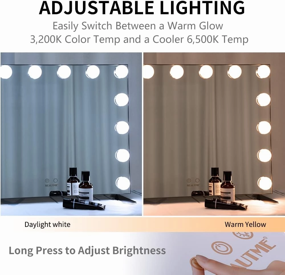 Black Vanity Mirror with Lights, 14 LED Blubs Makeup Mirror with Lights, Smart Touch Control Tabletop or Wall Mounted Mirror