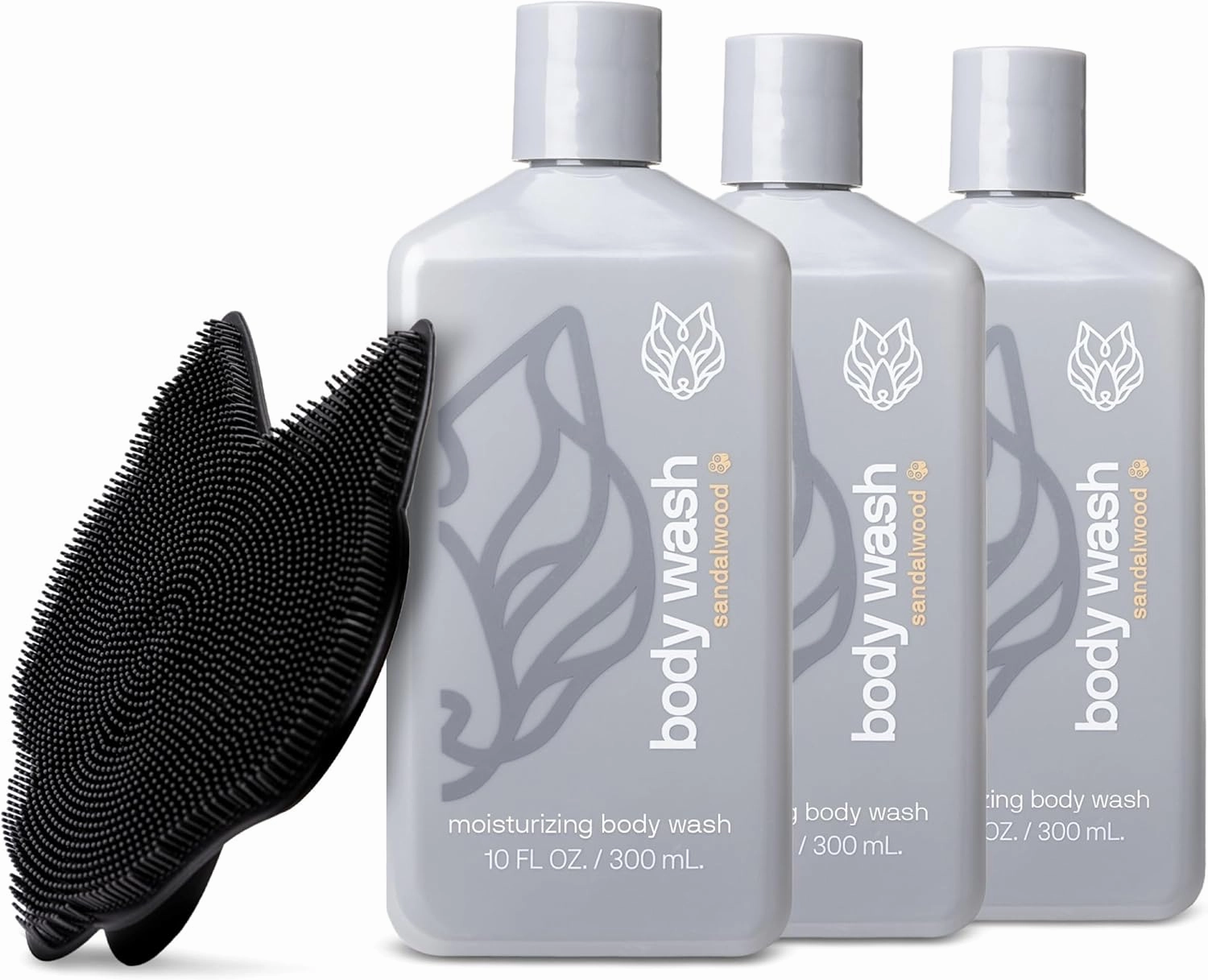 Black Wolf 3-Pack Moisturizing Body Wash & Silicone Body Scrubber Kit for Men - Mens Hydrating Bodywash for Dry, Dehydrated, & Sensitive Skin - Men's Shower & Bathroom Essentials Gift Set