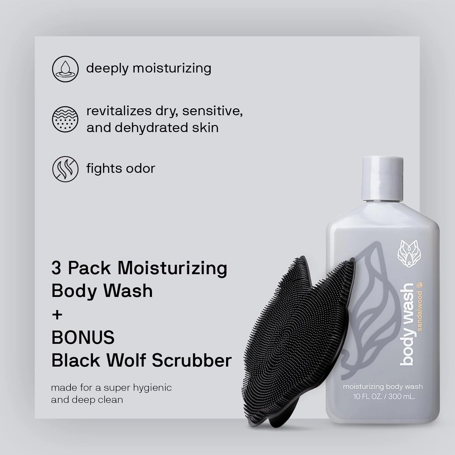 Black Wolf 3-Pack Moisturizing Body Wash & Silicone Body Scrubber Kit for Men - Mens Hydrating Bodywash for Dry, Dehydrated, & Sensitive Skin - Men's Shower & Bathroom Essentials Gift Set