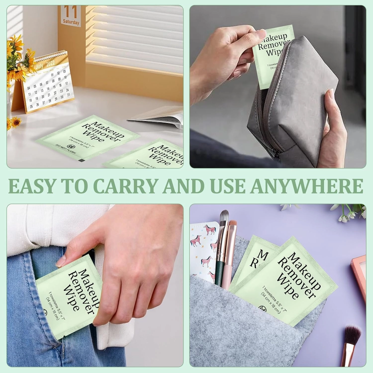 Blcculi 200 Pcs Makeup Remover Wipes Bulk,Individually Wrapped Makeup Remover Wipes,Alcohol Free Face Cleansing Wipes,Face Wipes with Vitamin E for Travel Hotel(Green)