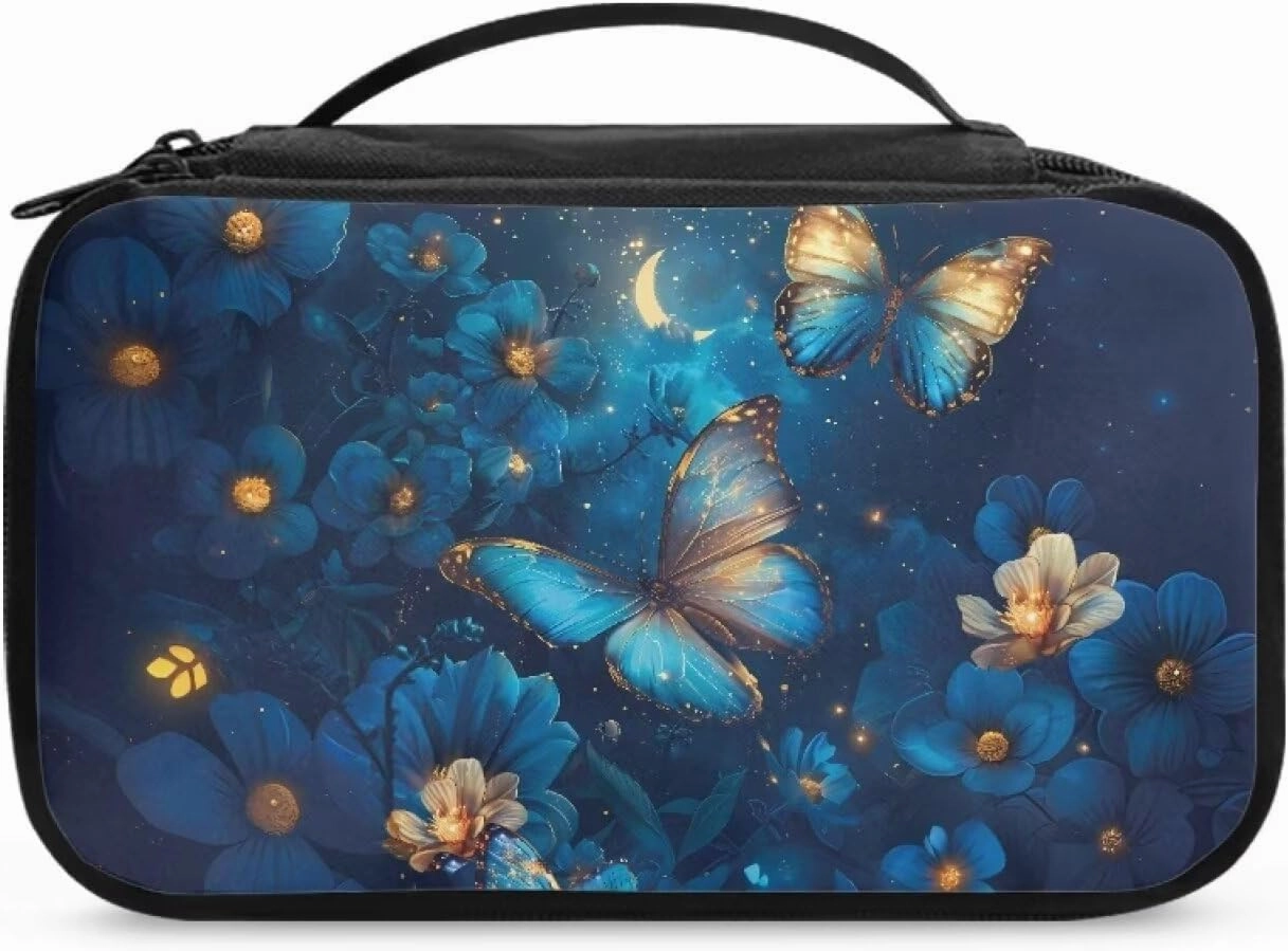Blue Buttefly Make Up Bag for Women Rose Zipper Makeup Organizer Large Capacity Travel Toiletry Bag Easy to Take Can Hold Makeup Brushes Skincare for Cosmetics Vertical Storage