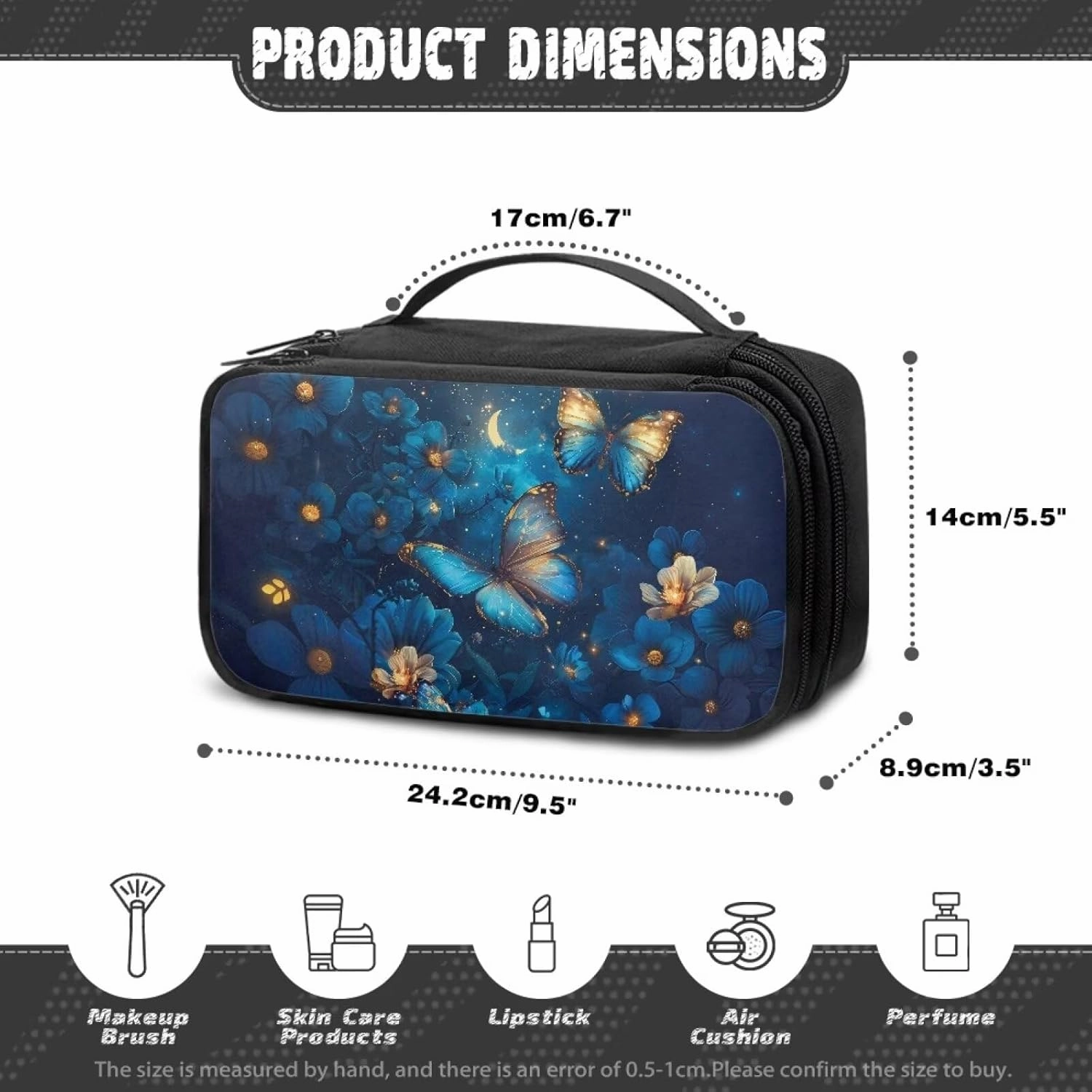 Blue Buttefly Make Up Bag for Women Rose Zipper Makeup Organizer Large Capacity Travel Toiletry Bag Easy to Take Can Hold Makeup Brushes Skincare for Cosmetics Vertical Storage