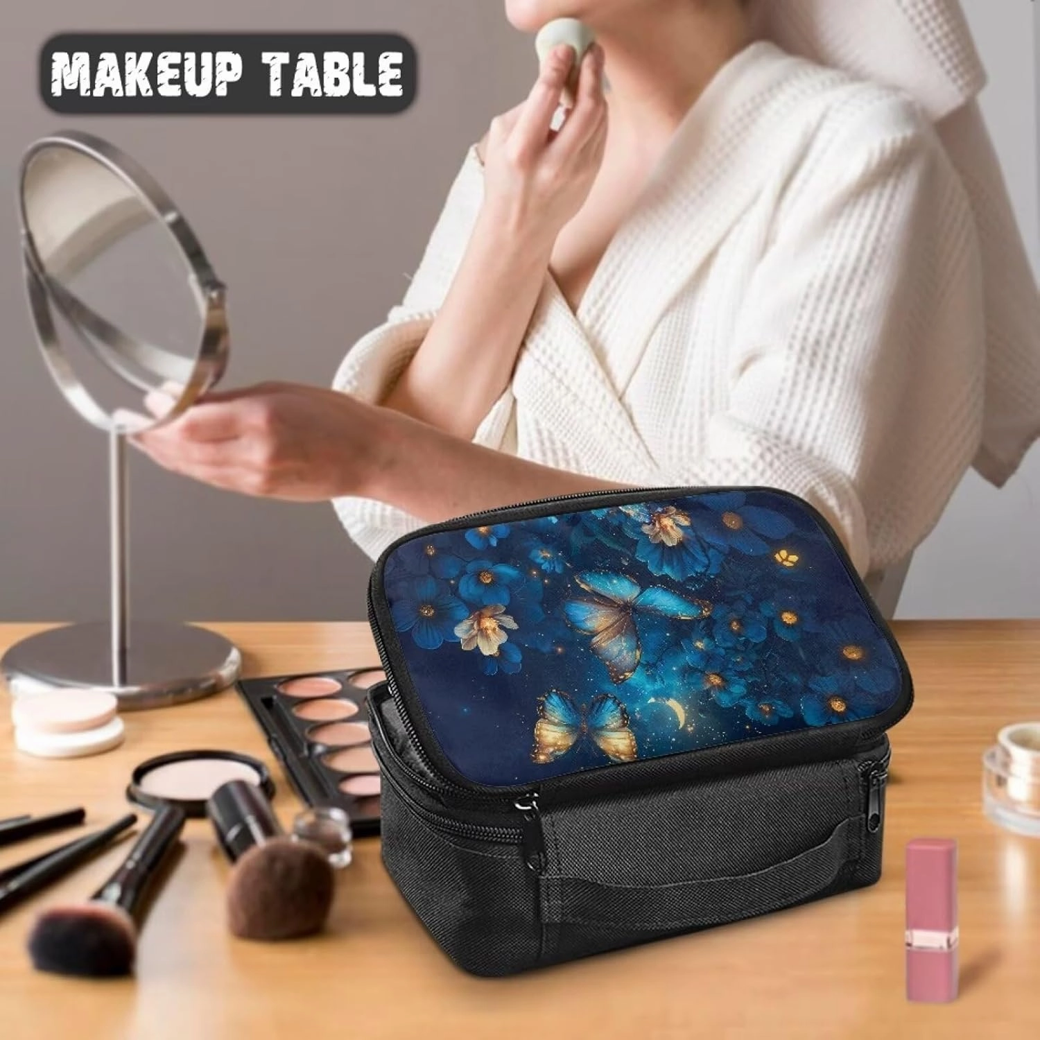 Blue Buttefly Make Up Bag for Women Rose Zipper Makeup Organizer Large Capacity Travel Toiletry Bag Easy to Take Can Hold Makeup Brushes Skincare for Cosmetics Vertical Storage