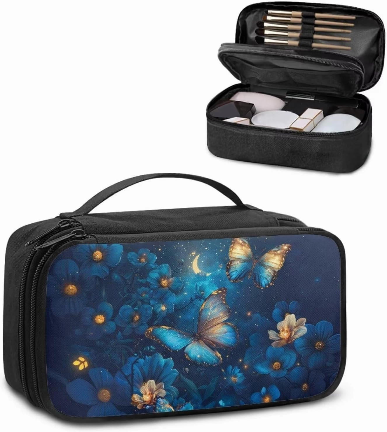 Blue Buttefly Make Up Bag for Women Rose Zipper Makeup Organizer Large Capacity Travel Toiletry Bag Easy to Take Can Hold Makeup Brushes Skincare for Cosmetics Vertical Storage