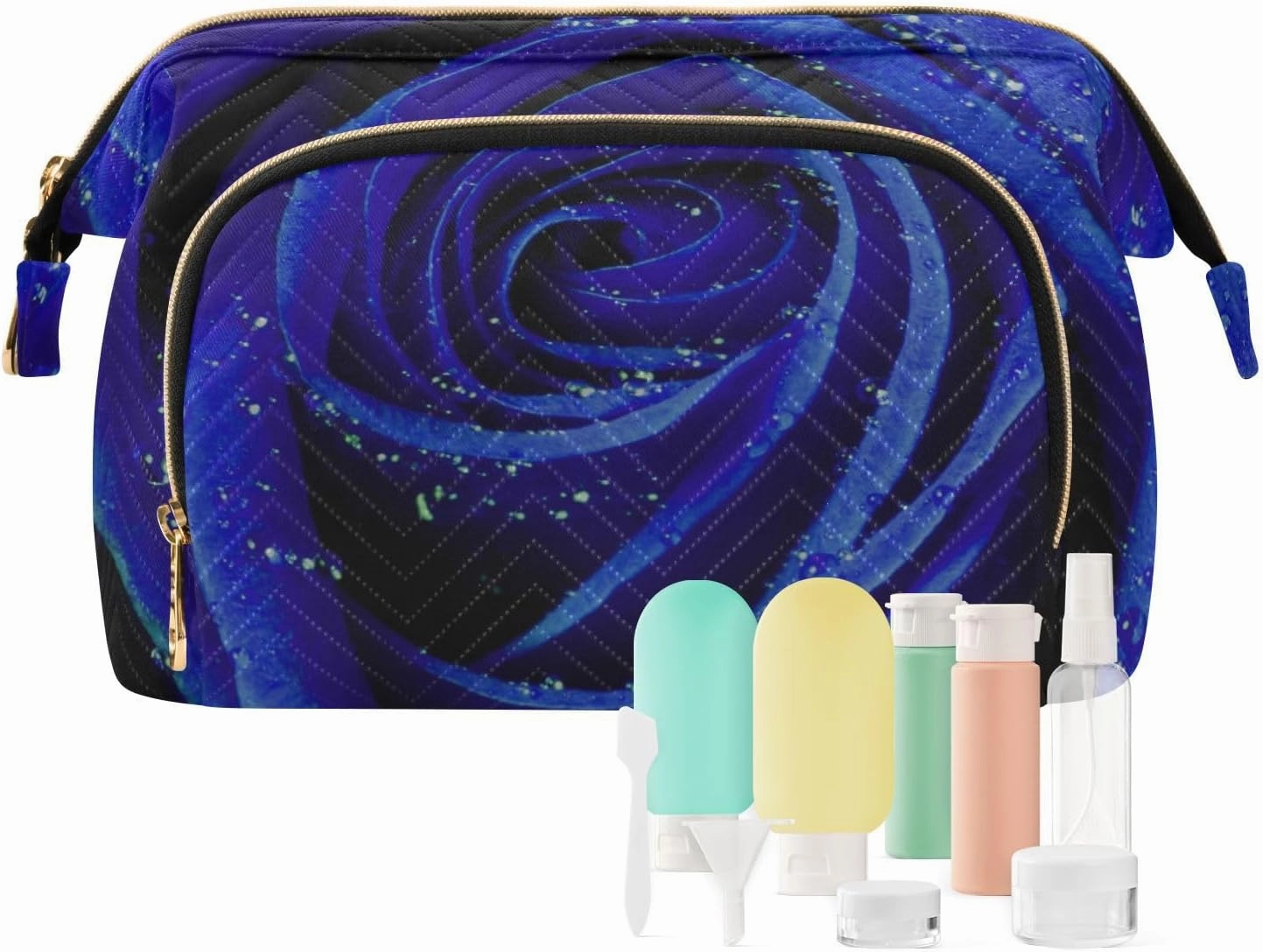 Blue Rose with Water Drops Texture Women Cosmetic Bag Makeup Bag Stylish Trip Beauty Bag Travel Toiletry Bag with Bottle Organizer 10.2 x 5.9 x 6.7 inch