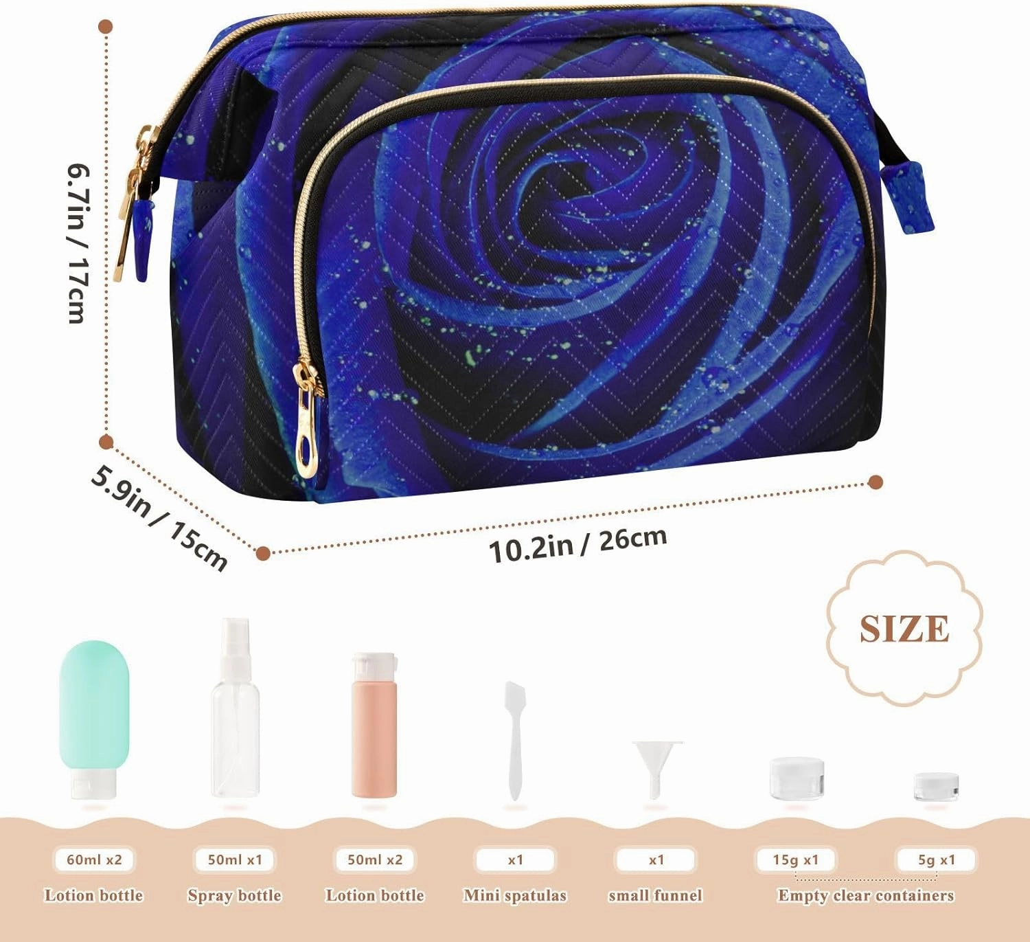 Blue Rose with Water Drops Texture Women Cosmetic Bag Makeup Bag Stylish Trip Beauty Bag Travel Toiletry Bag with Bottle Organizer 10.2 x 5.9 x 6.7 inch