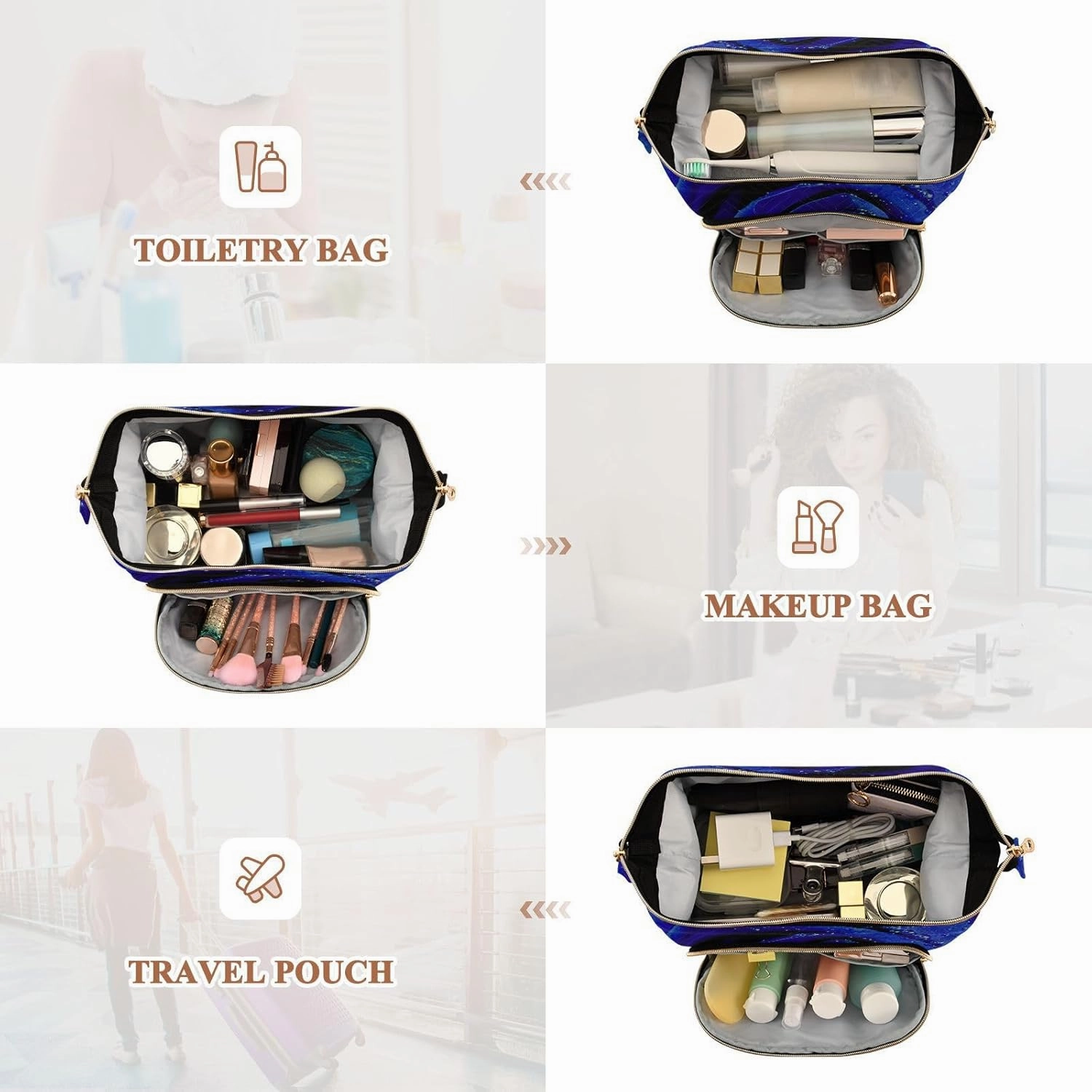 Blue Rose with Water Drops Texture Women Cosmetic Bag Makeup Bag Stylish Trip Beauty Bag Travel Toiletry Bag with Bottle Organizer 10.2 x 5.9 x 6.7 inch