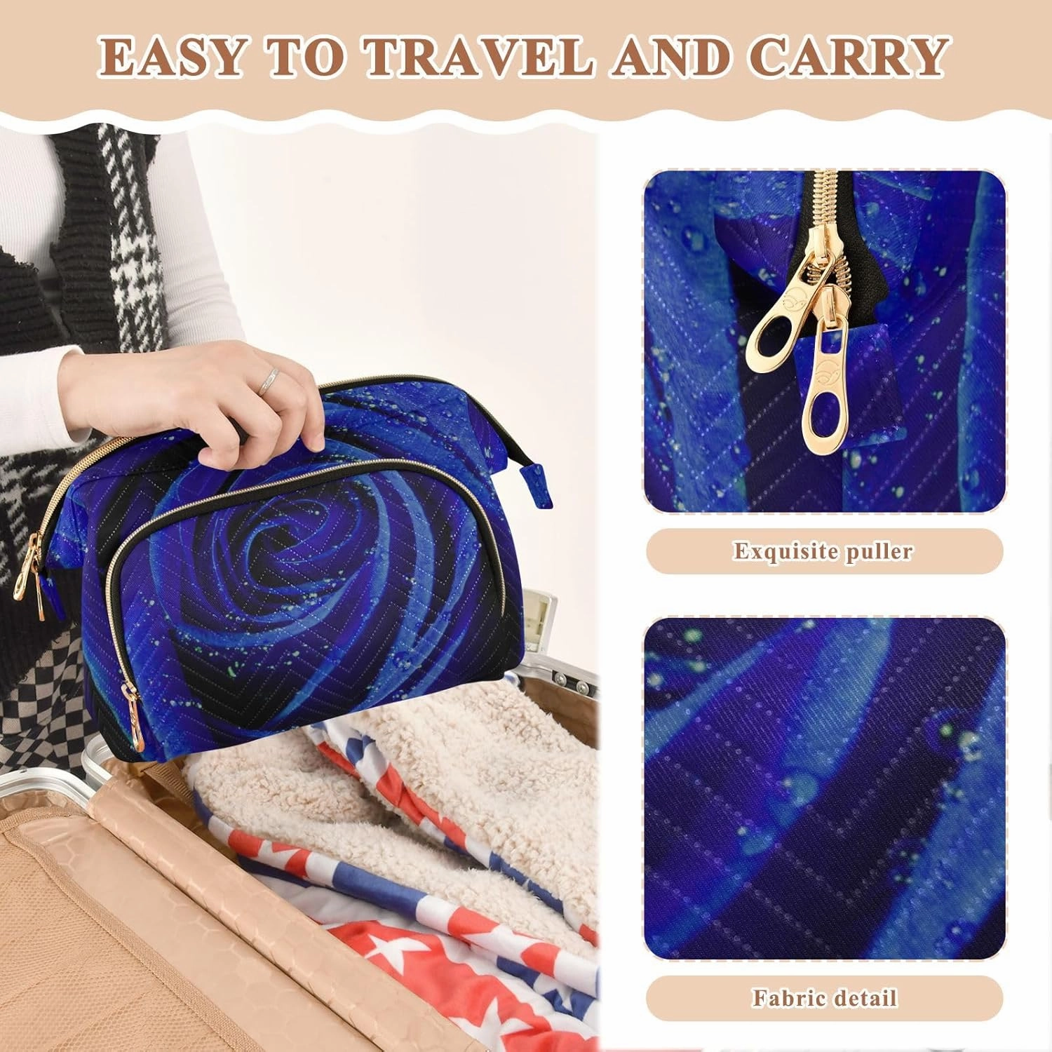 Blue Rose with Water Drops Texture Women Cosmetic Bag Makeup Bag Stylish Trip Beauty Bag Travel Toiletry Bag with Bottle Organizer 10.2 x 5.9 x 6.7 inch