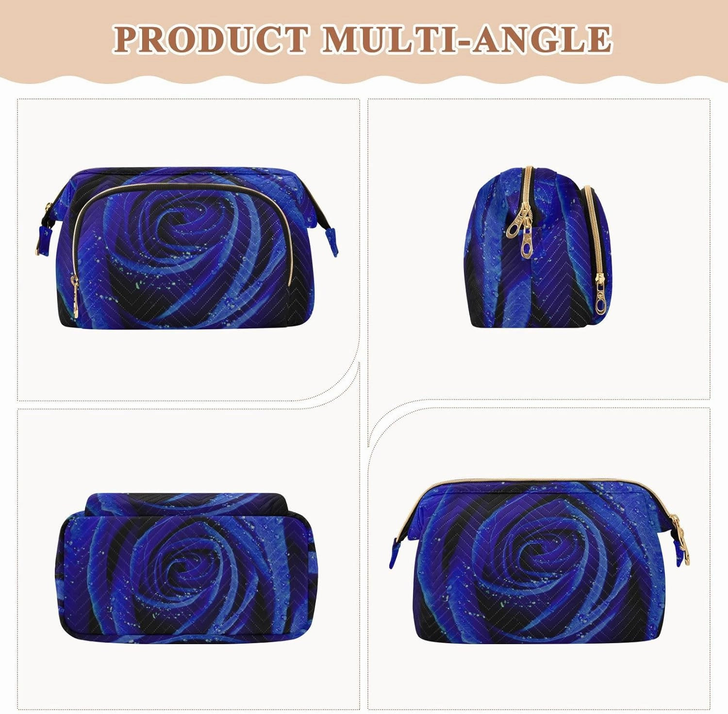 Blue Rose with Water Drops Texture Women Cosmetic Bag Makeup Bag Stylish Trip Beauty Bag Travel Toiletry Bag with Bottle Organizer 10.2 x 5.9 x 6.7 inch