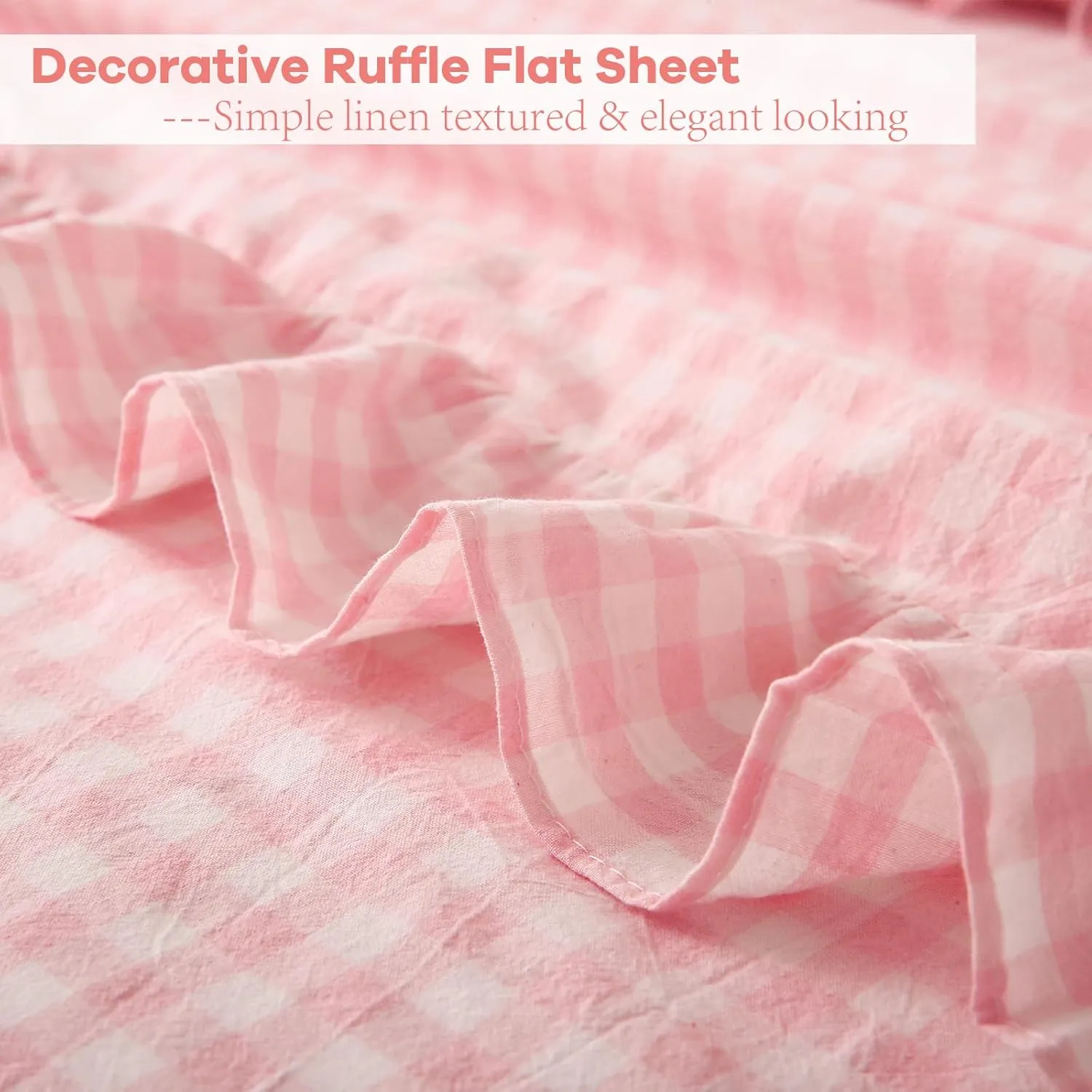 Blush White Plaid Ruffle Gingham Sheets Full Size 4-Piece Set, 300TC 100% Yarn Dyed Cotton Sheets 18 in Deep Pocket Kids Preppy Decorative Bedding (Blush/White Plaid, Full)