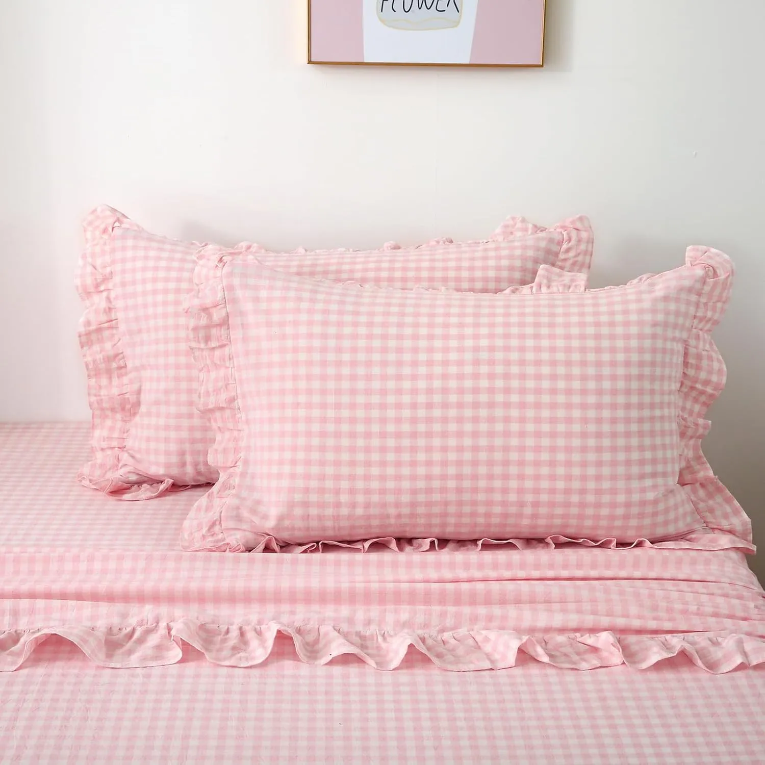 Blush White Plaid Ruffle Gingham Sheets Full Size 4-Piece Set, 300TC 100% Yarn Dyed Cotton Sheets 18 in Deep Pocket Kids Preppy Decorative Bedding (Blush/White Plaid, Full)