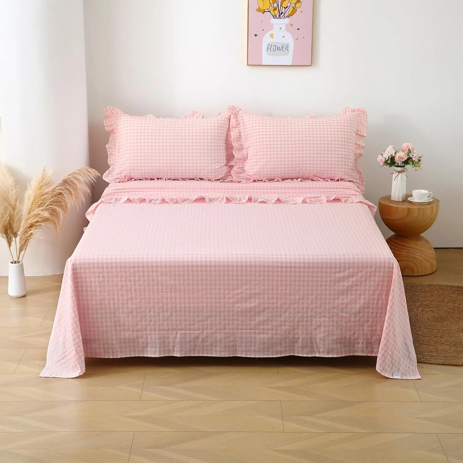 Blush White Plaid Ruffle Gingham Sheets Full Size 4-Piece Set, 300TC 100% Yarn Dyed Cotton Sheets 18 in Deep Pocket Kids Preppy Decorative Bedding (Blush/White Plaid, Full)