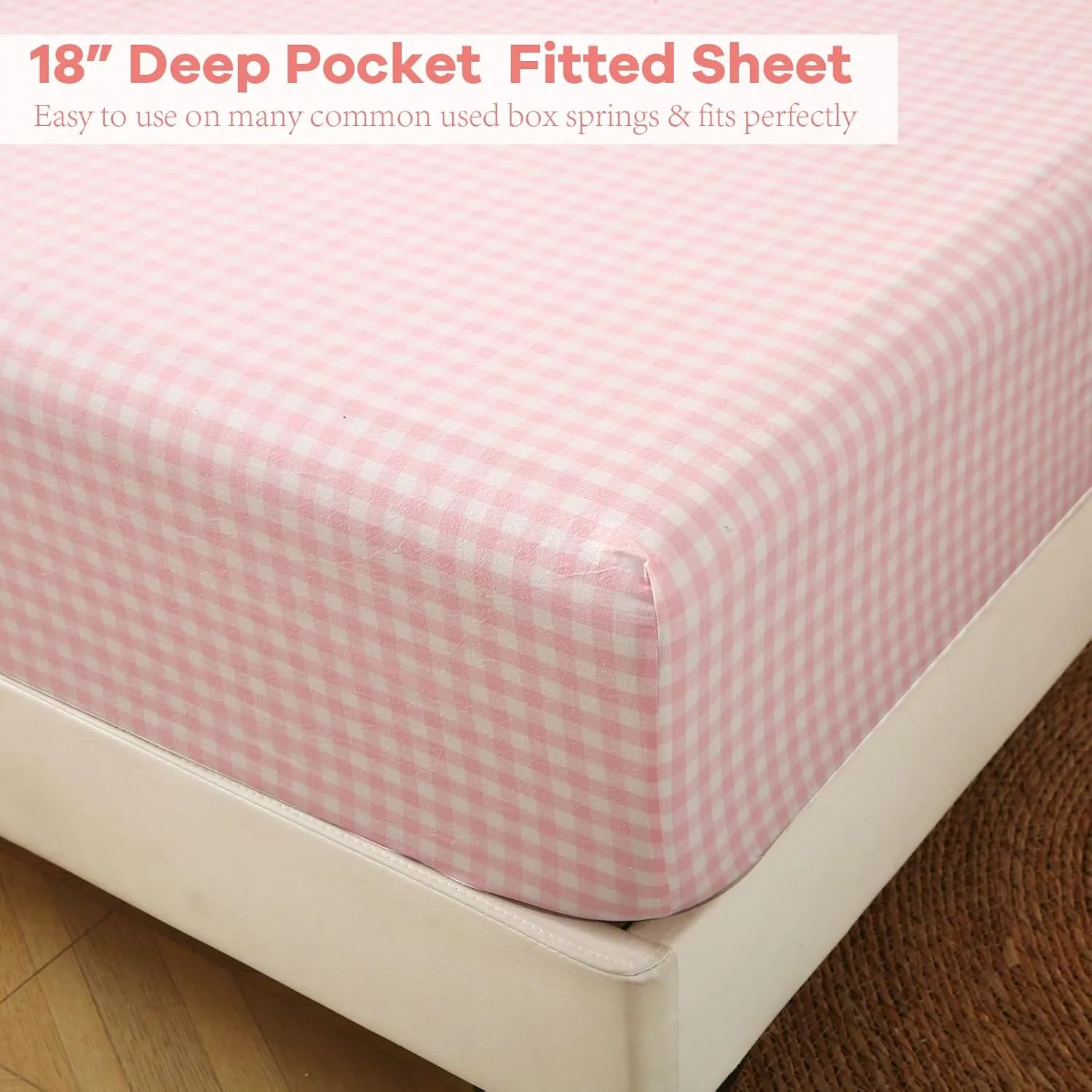 Blush White Plaid Ruffle Gingham Sheets Full Size 4-Piece Set, 300TC 100% Yarn Dyed Cotton Sheets 18 in Deep Pocket Kids Preppy Decorative Bedding (Blush/White Plaid, Full)