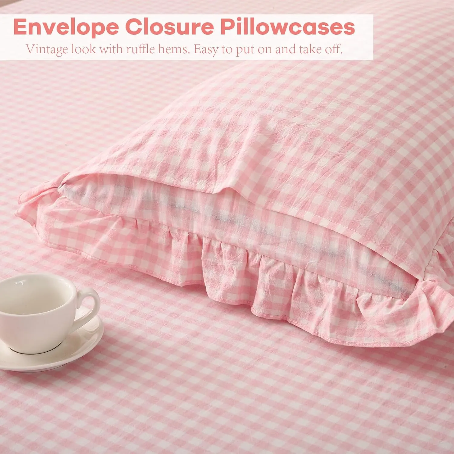 Blush White Plaid Ruffle Gingham Sheets Full Size 4-Piece Set, 300TC 100% Yarn Dyed Cotton Sheets 18 in Deep Pocket Kids Preppy Decorative Bedding (Blush/White Plaid, Full)