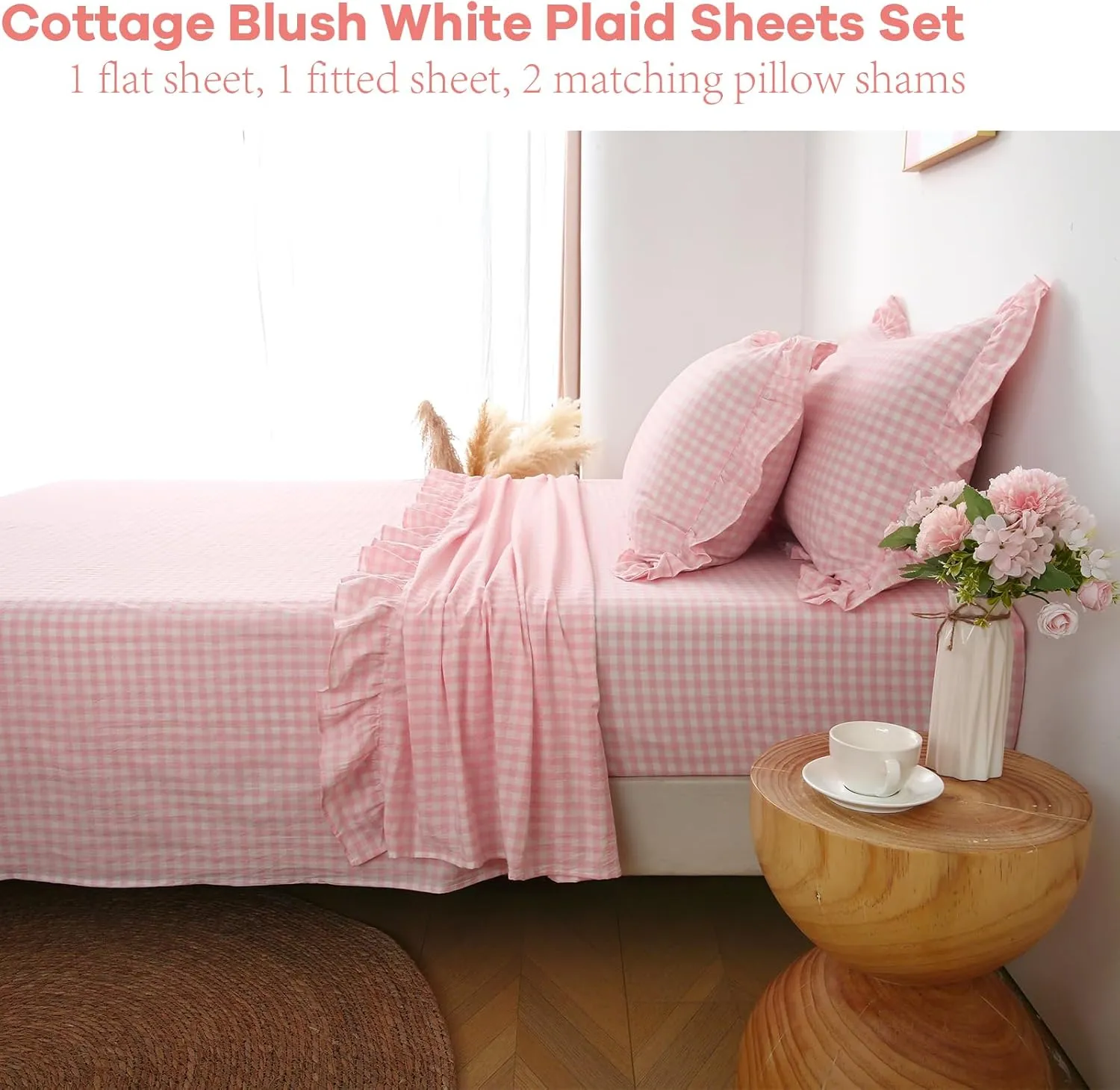 Blush White Plaid Ruffle Gingham Sheets Full Size 4-Piece Set, 300TC 100% Yarn Dyed Cotton Sheets 18 in Deep Pocket Kids Preppy Decorative Bedding (Blush/White Plaid, Full)