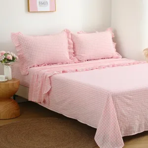 Blush White Plaid Ruffle Gingham Sheets Full Size 4-Piece Set, 300TC 100% Yarn Dyed Cotton Sheets 18 in Deep Pocket Kids Preppy Decorative Bedding (Blush/White Plaid, Full)