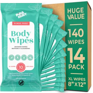 Body Wipes - (14 Pack) - 140 XL Bath Wipes for Adults No Rinse, Adult Wipes for Elderly - Body & Face Gentle Skin Cleansing, Shower Wipes Bathing for Travel, Elderly, Car, Gym, Camping (8x12 Inch)