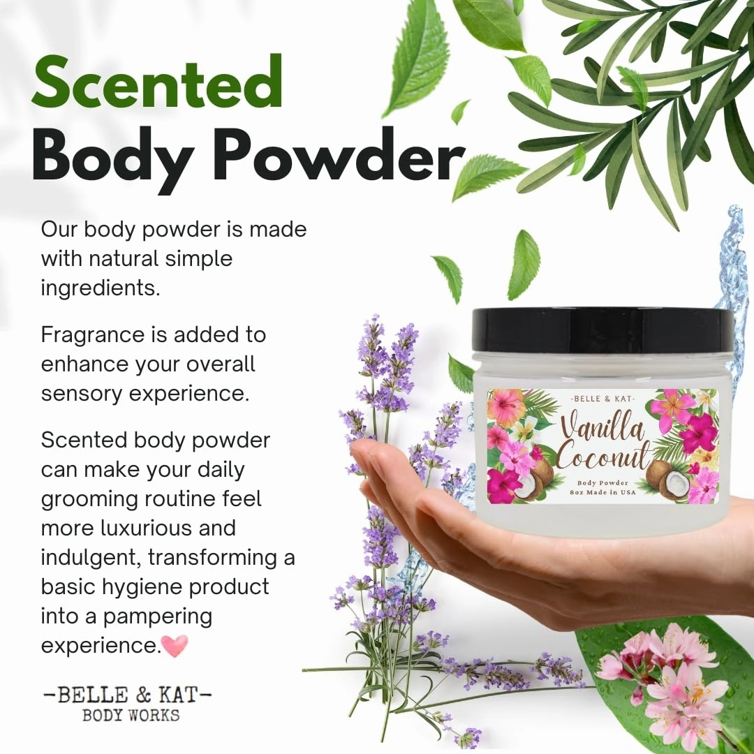 Body Powder for Men & Women Scented Vanilla Coconut, Perfume Dusting Powder, Bath Powder with Fragrance & Essential Oils, Talc Free 8oz Container, Made in USA