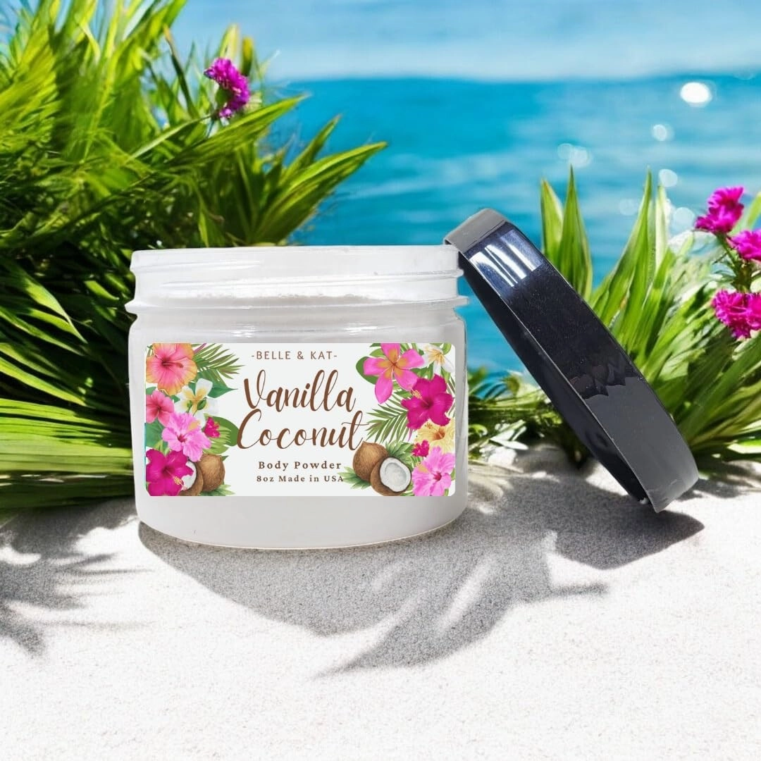 Body Powder for Men & Women Scented Vanilla Coconut, Perfume Dusting Powder, Bath Powder with Fragrance & Essential Oils, Talc Free 8oz Container, Made in USA