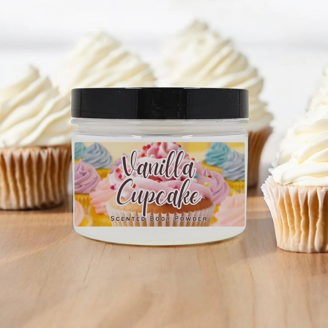 Body Powder for Men & Women Scented Vanilla Cupcake, Perfume Dusting Powder, Bath Powder with Fragrance & Essential Oils, Talc Free 8oz Container, Made in USA