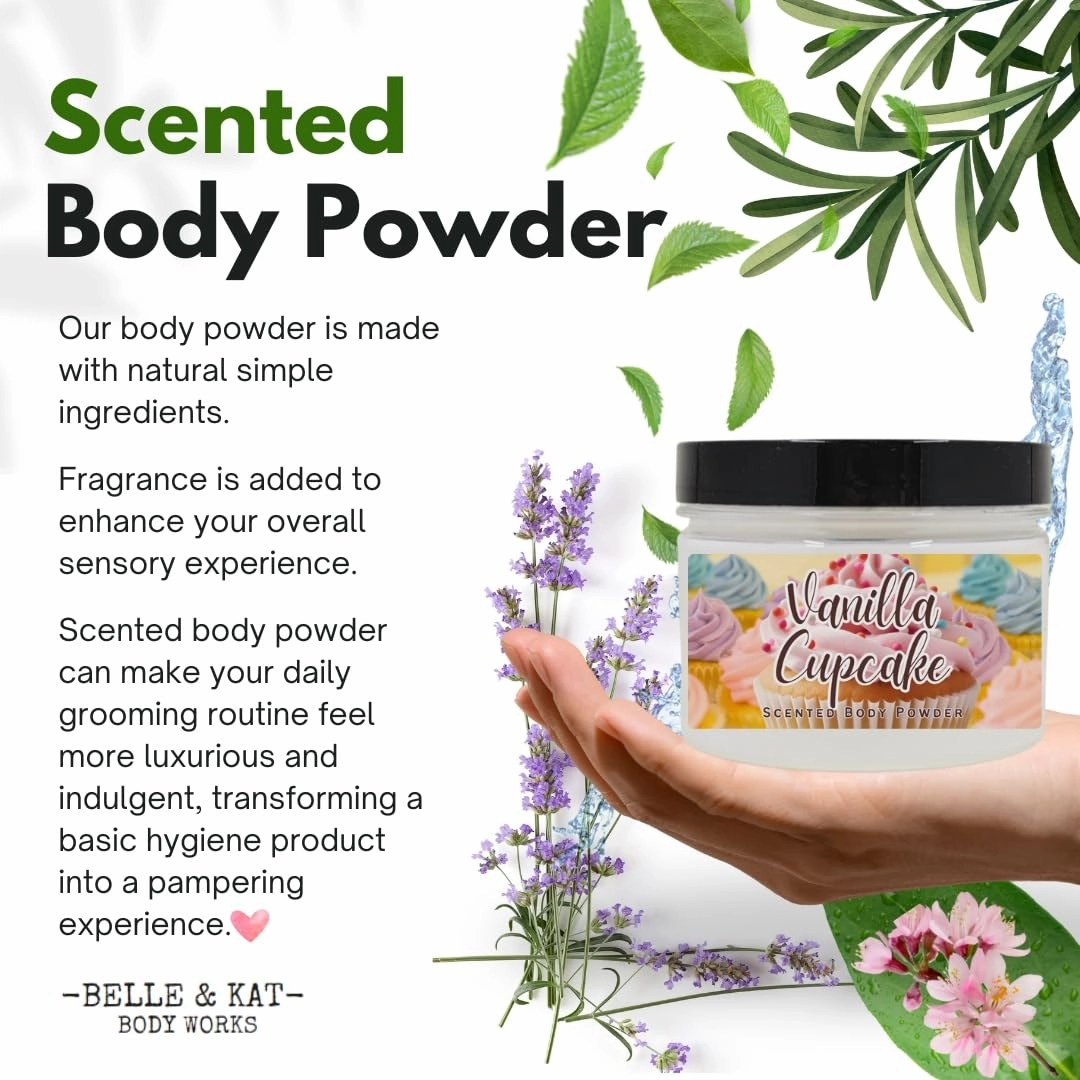 Body Powder for Men & Women Scented Vanilla Cupcake, Perfume Dusting Powder, Bath Powder with Fragrance & Essential Oils, Talc Free 8oz Container, Made in USA