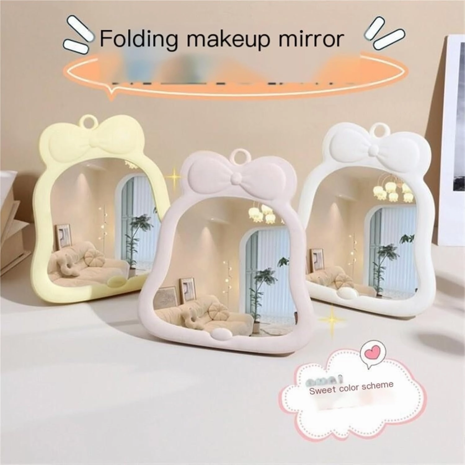 Bow Mirror Folding Female Student Makeup Mirror Placed On The Table High-Definition Dormitory Desktop Vertical Cute Makeup Mirror
