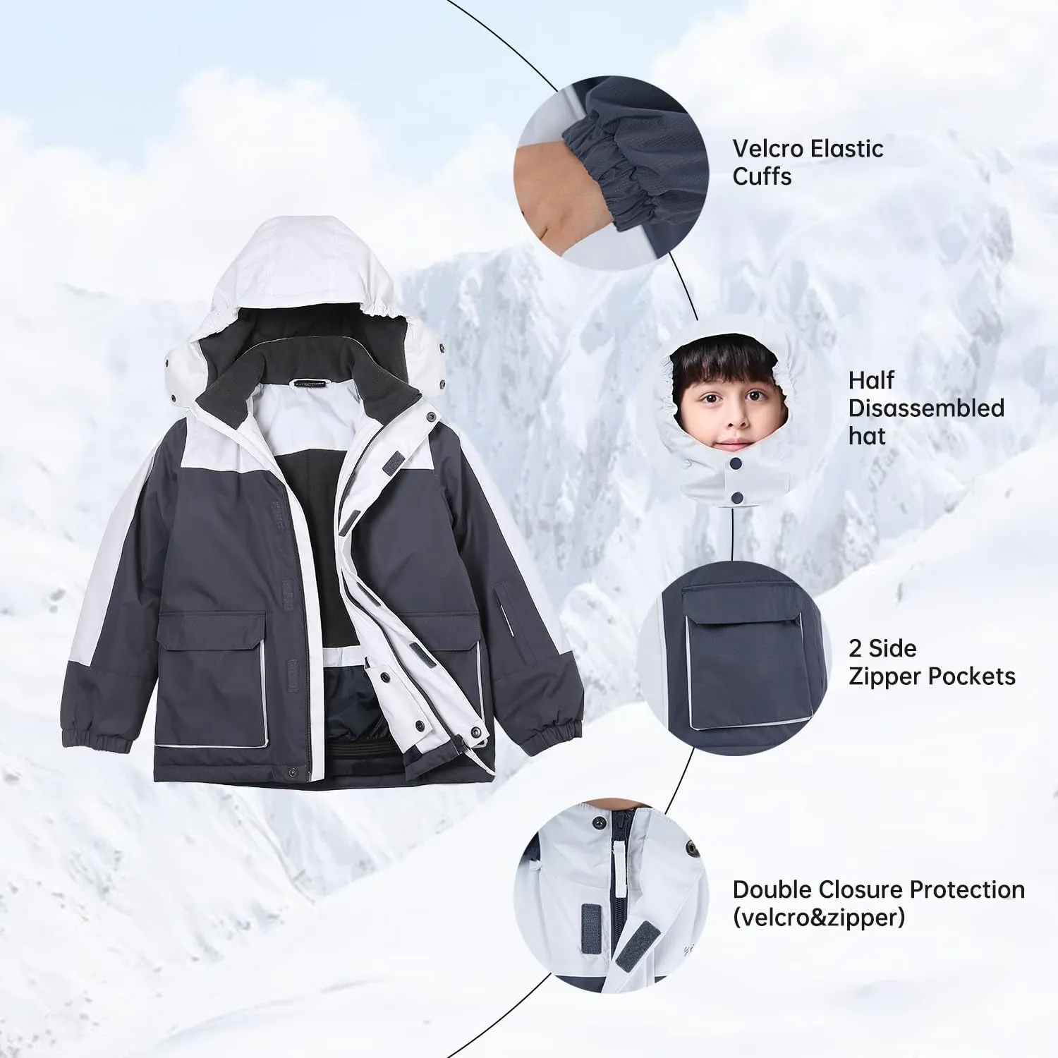 Boy's Waterproof Ski Jacket,Kids Warm Winter Snow Coat,Hooded Fleece Outwear,Windproof RainCoat