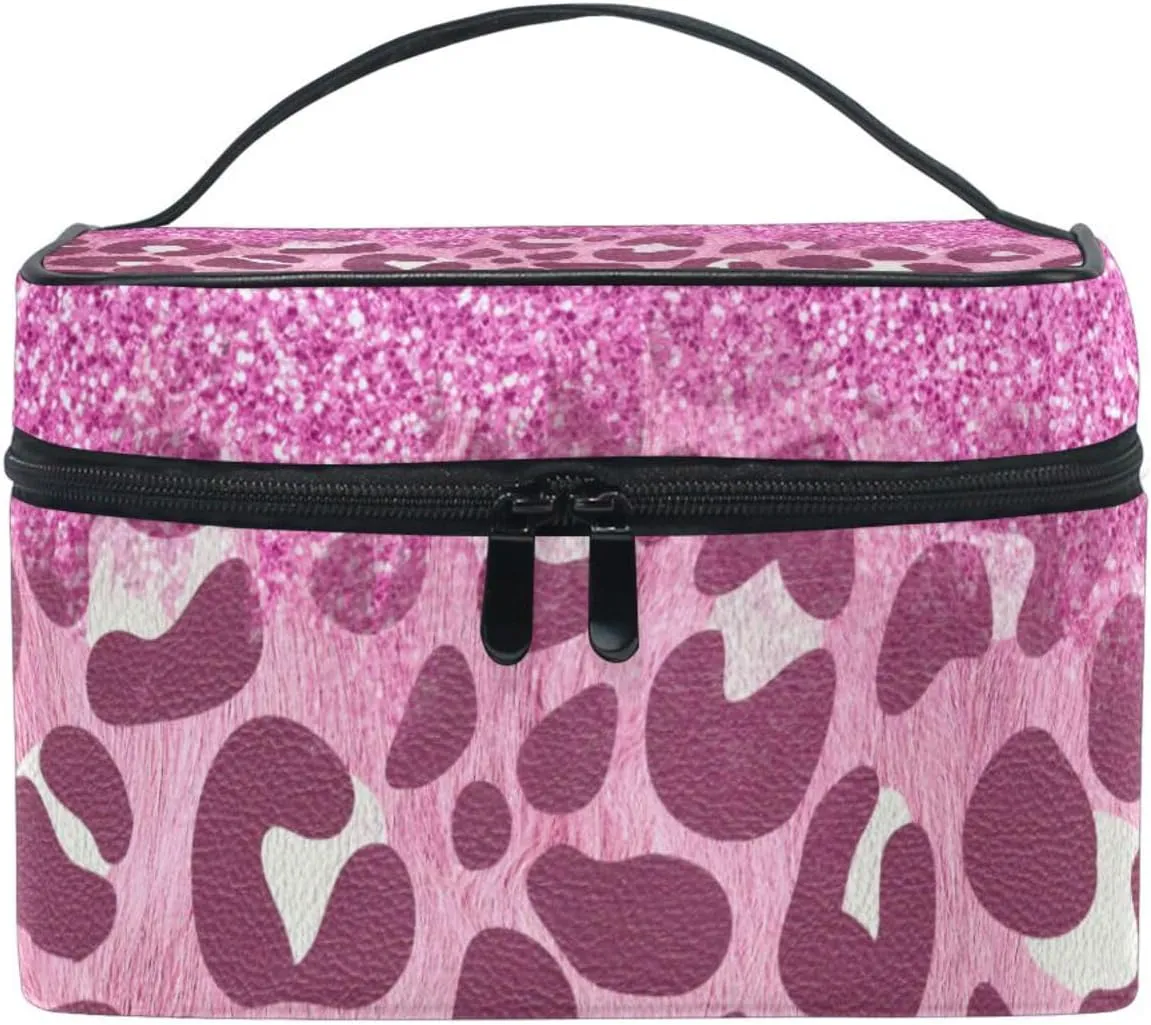 Bright Pink Leopard Prints Cosmetic Bag Large Makeup Organizer Travel Toiletry Case for Women