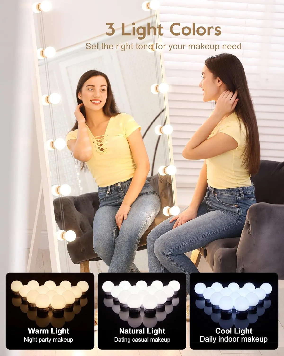 Brightown 14 Bulb Dimmable Hollywood Makeup Mirror Lights, 22Ft Adjustable Vanity Lighting Fixtures for Full Length Mirror (Mirror Not Included)