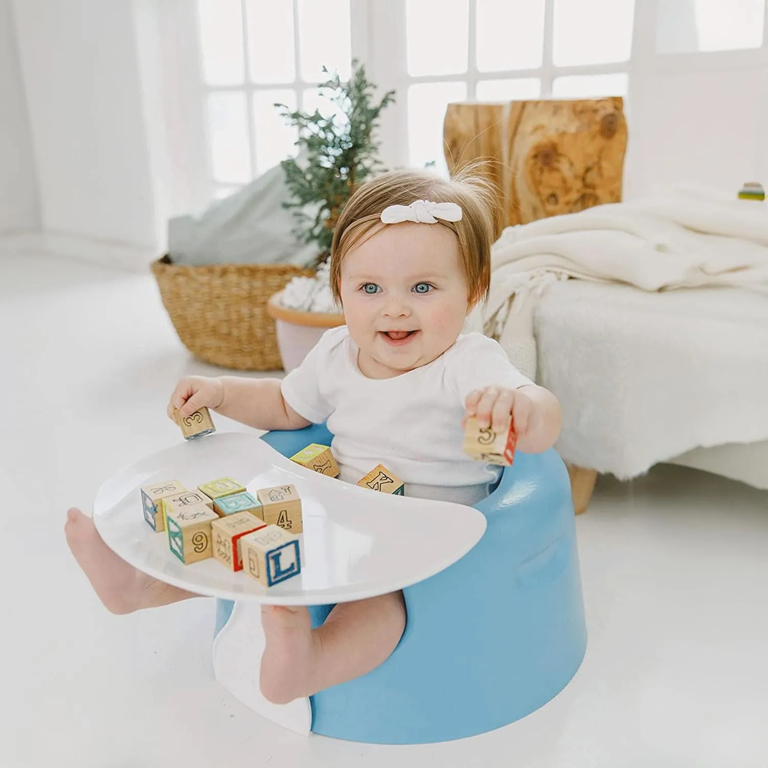 Bumbo Baby Floor Seat with Tray, Infant Soft Foam Chair with Eating Tray, Powder Blue
