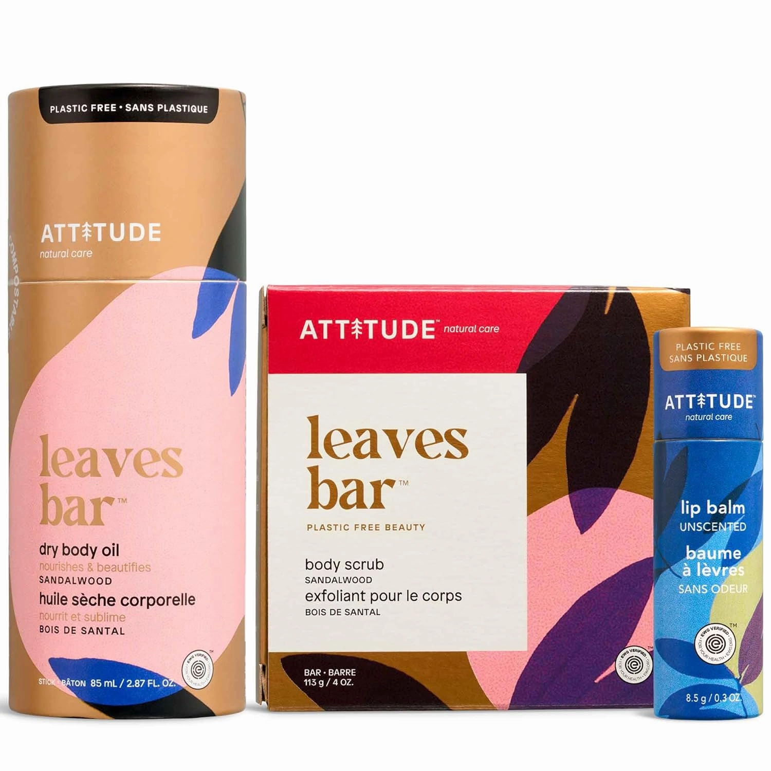Bundle of ATTITUDE, EWG Verified, Plastic-free, Vegan, Body Scrub Bar, Sandalwood, 4 Oz   Lip Balm, Unscented, 0.3 Oz   Dry Body Oil, Sandalwood, 2.87 Fl Oz