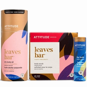 Bundle of ATTITUDE, EWG Verified, Plastic-free, Vegan, Body Scrub Bar, Sandalwood, 4 Oz   Lip Balm, Unscented, 0.3 Oz   Dry Body Oil, Sandalwood, 2.87 Fl Oz