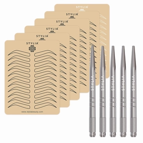 Bundle of Microblading Supplies 6 Piece Inkless Double Sided Practice Skin For Eyebrow Tattoos and 5 Piece Disposable Pens Kit, Lightweight Aluminum Handles For Permanent Makeup Eyebrow Tattoo