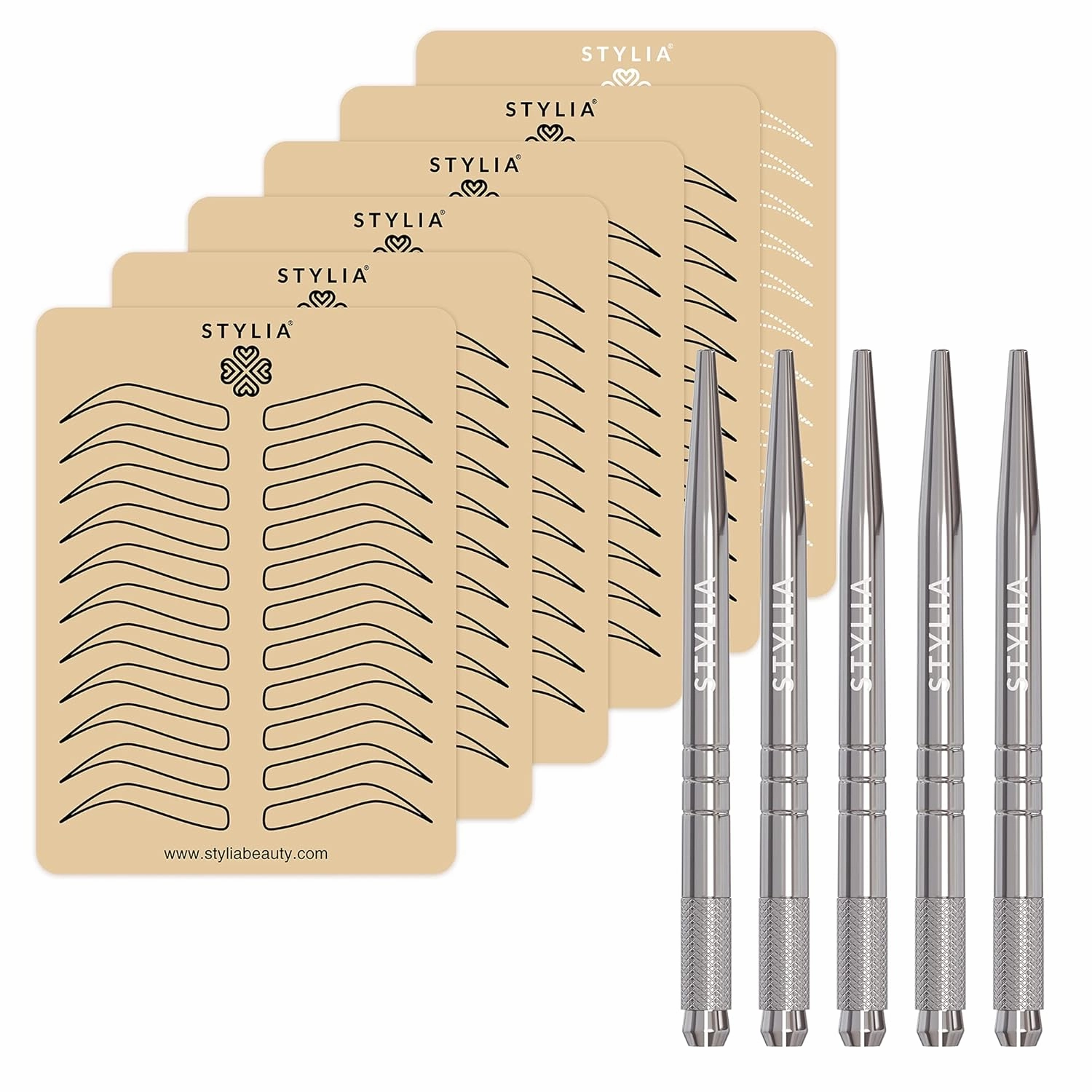 Bundle of Microblading Supplies 6 Piece Inkless Double Sided Practice Skin For Eyebrow Tattoos and 5 Piece Disposable Pens Kit, Lightweight Aluminum Handles For Permanent Makeup Eyebrow Tattoo