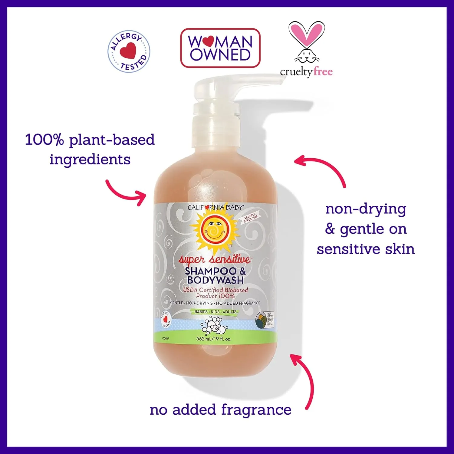 California Baby Super Sensitive Baby Shampoo   Baby Wash | 100% Plant-Based | Unscented Body Wash For Sensitive Skin | Hypoallergenic | 562 mL / 19 oz