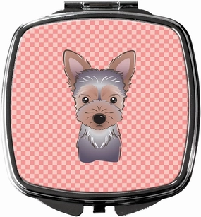 Caroline's Treasures BB1232SCM Checkerboard Pink Yorkie Puppy Compact Mirror Decorative Travel Makeup Mirror for Women Girls Gifts Pocket Makeup Mirror Folding Handheld