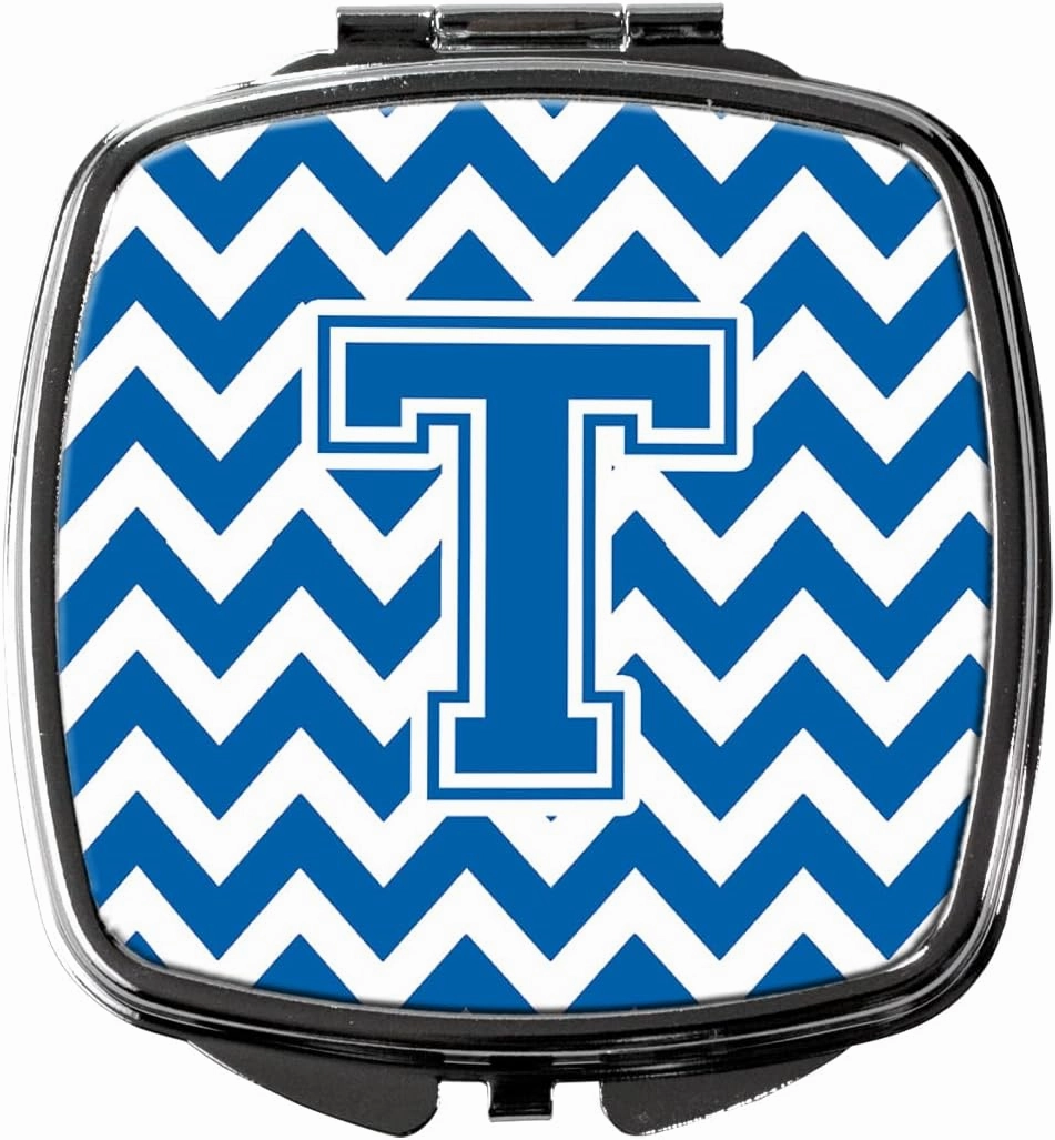 Caroline's Treasures CJ1056-TSCM Letter T Chevron Blue and White Compact Mirror Decorative Travel Makeup Mirror for Women Girls Gifts Pocket Makeup Mirror Folding Handheld