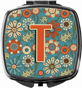 Caroline's Treasures CJ2012-TSCM Letter T Flowers Retro Blue Compact Mirror Decorative Travel Makeup Mirror for Women Girls Gifts Pocket Makeup Mirror Folding Handheld